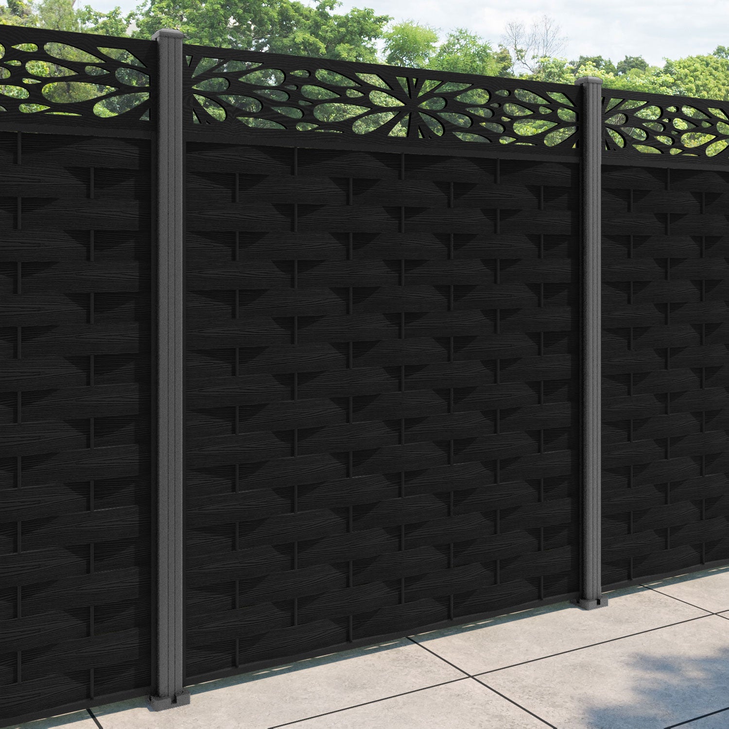 Ripple Blossom Fence Panel - Black - with our aluminium posts