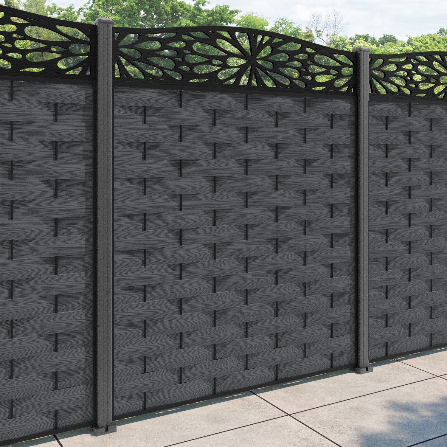 Ripple Blossom Curved Top Fence Panel - Dark Grey - with our aluminium posts