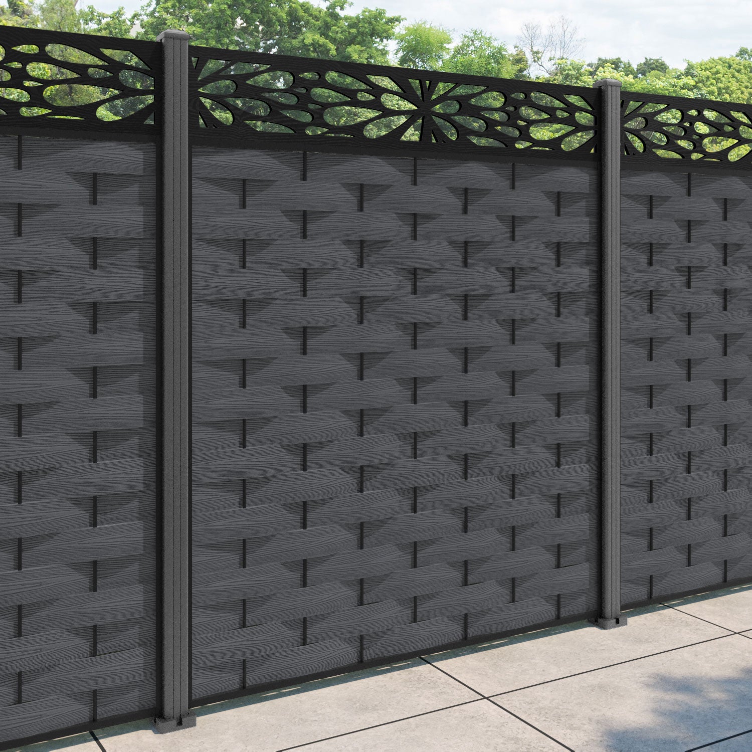 Ripple Blossom Fence Panel - Dark Grey - with our aluminium posts