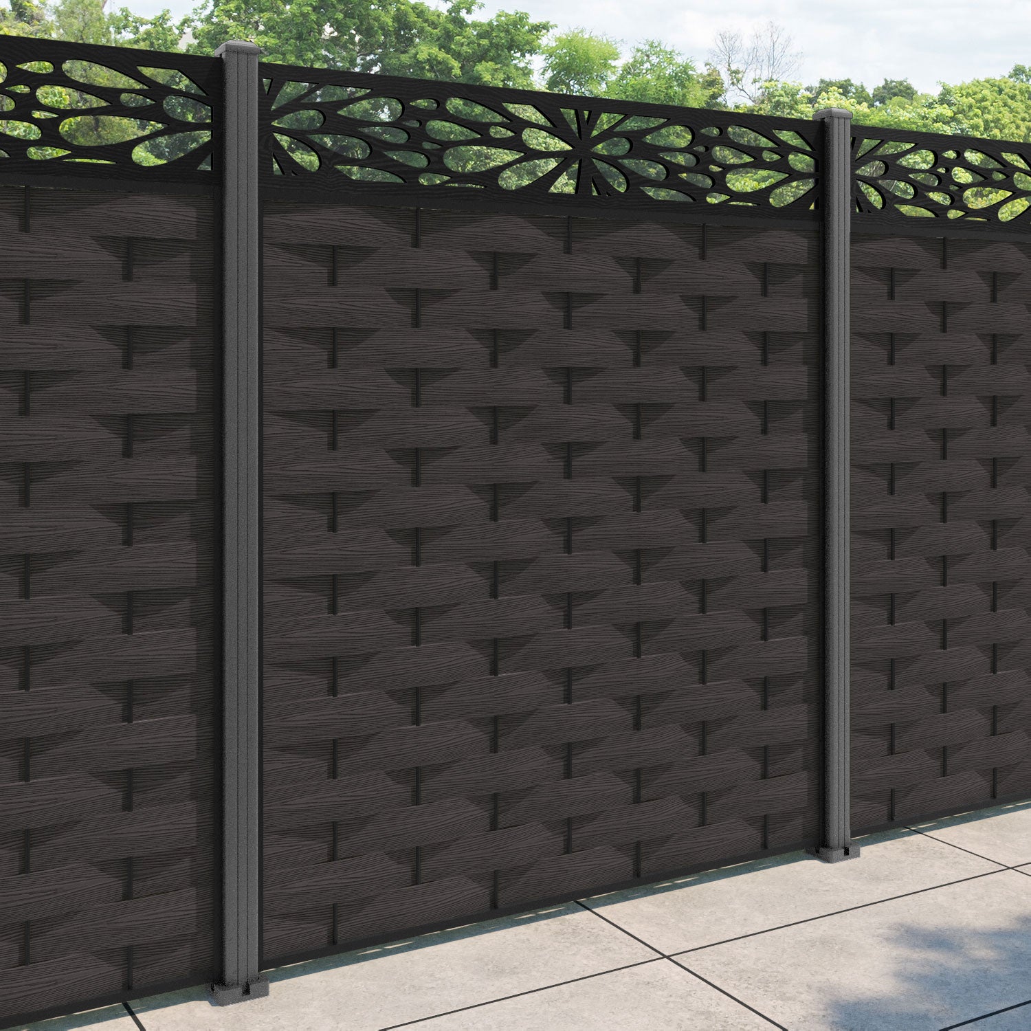 Ripple Blossom Fence Panel - Dark Oak - with our aluminium posts