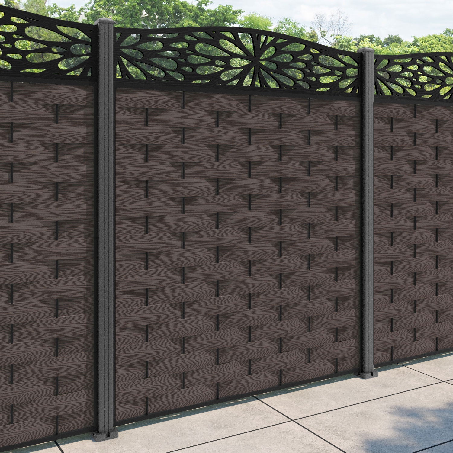 Ripple Blossom Curved Top Fence Panel - Mid Brown - with our aluminium posts
