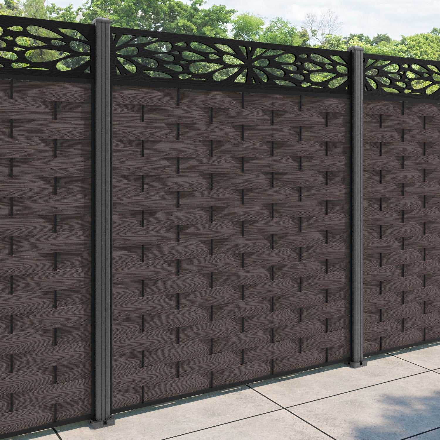 Ripple Blossom Fence Panel - Mid Brown - with our aluminium posts