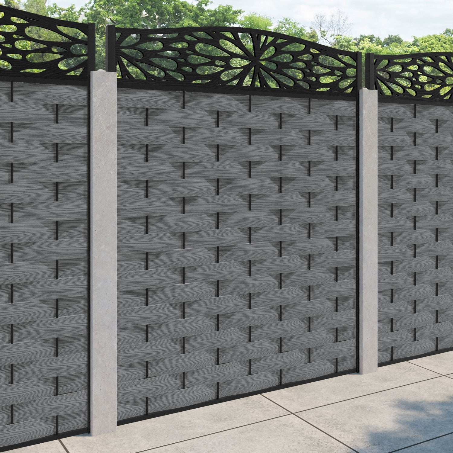 Ripple Blossom Curved Top Fence Panel - Mid Grey - for existing concrete posts
