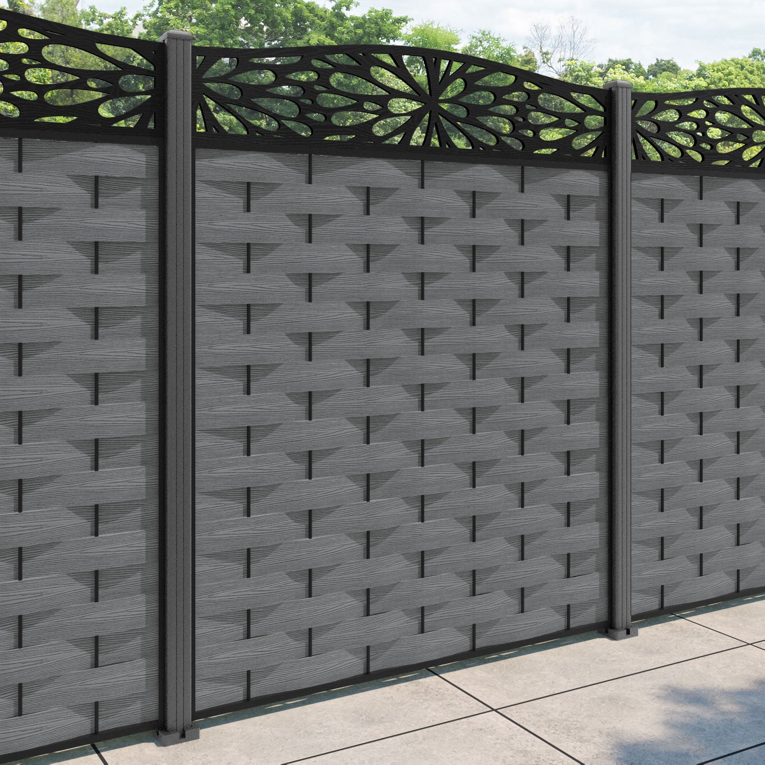 Ripple Blossom Curved Top Fence Panel - Mid Grey - with our aluminium posts