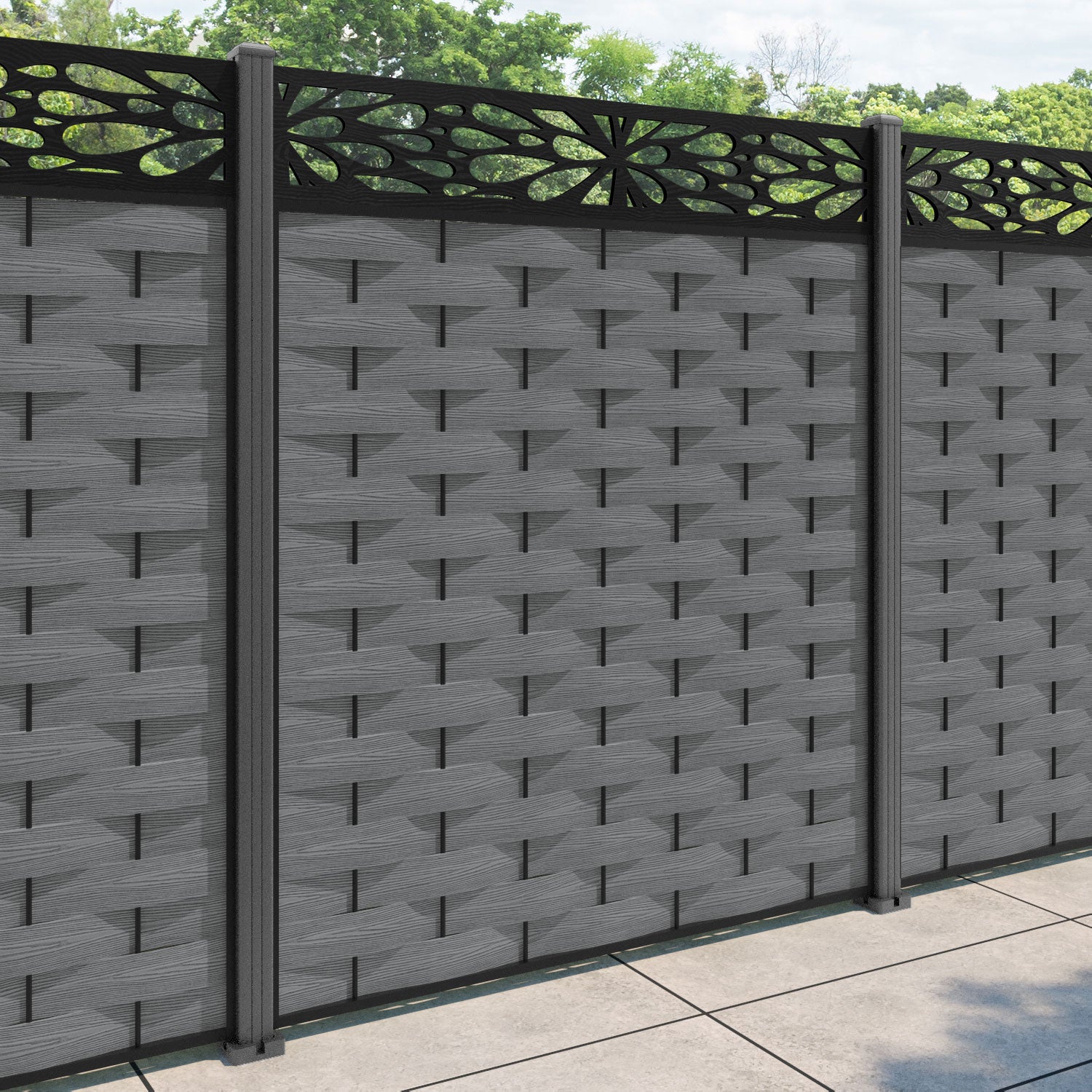 Ripple Blossom Fence Panel - Mid Grey - with our aluminium posts