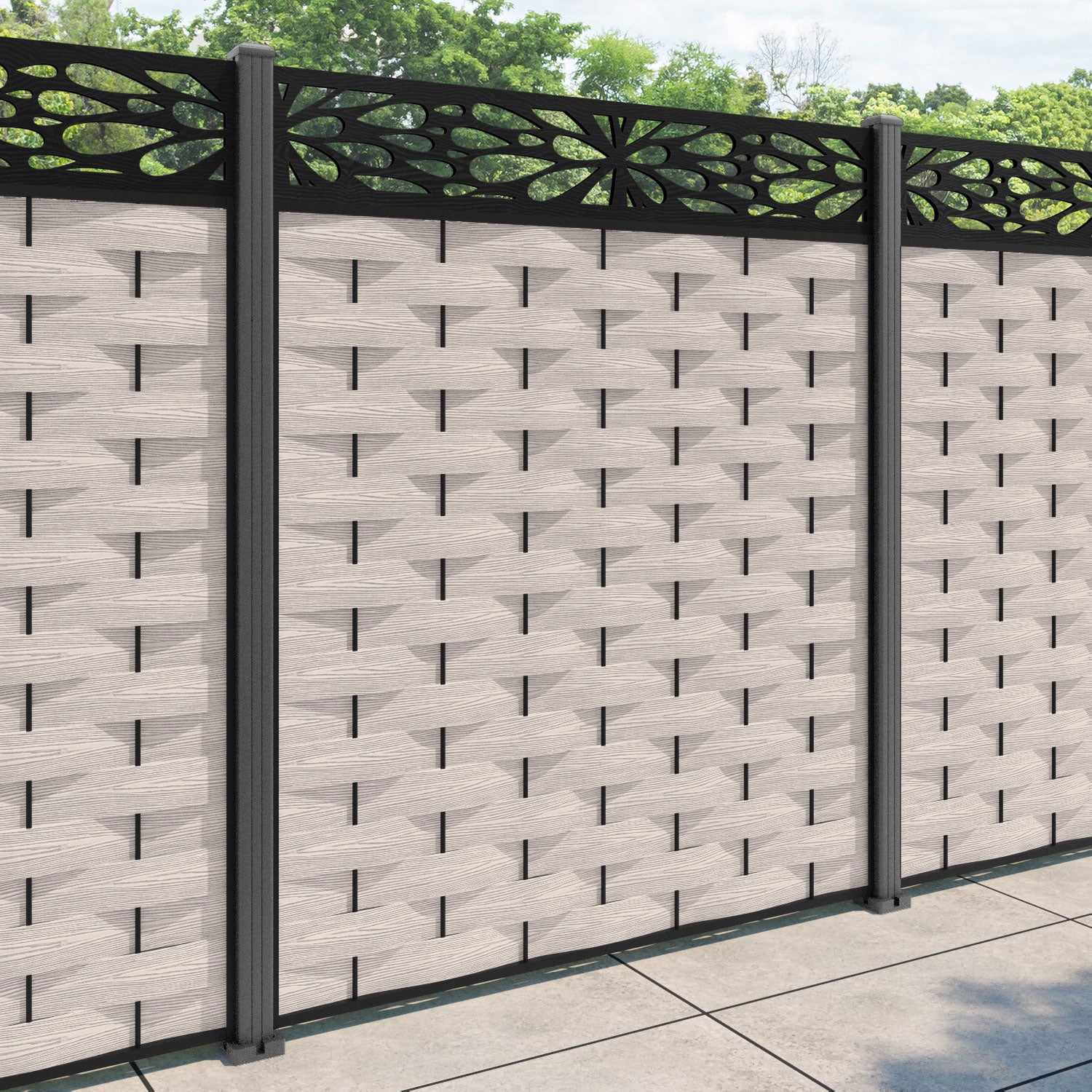 Ripple Blossom Fence Panel - Mid Stone - with our aluminium posts