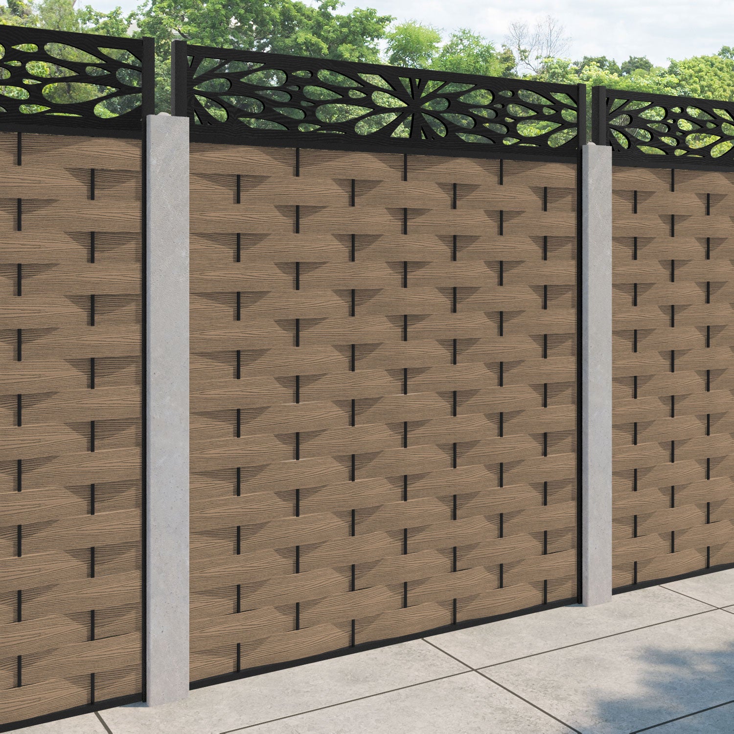 Ripple Blossom Fence Panel - Teak - for existing concrete posts