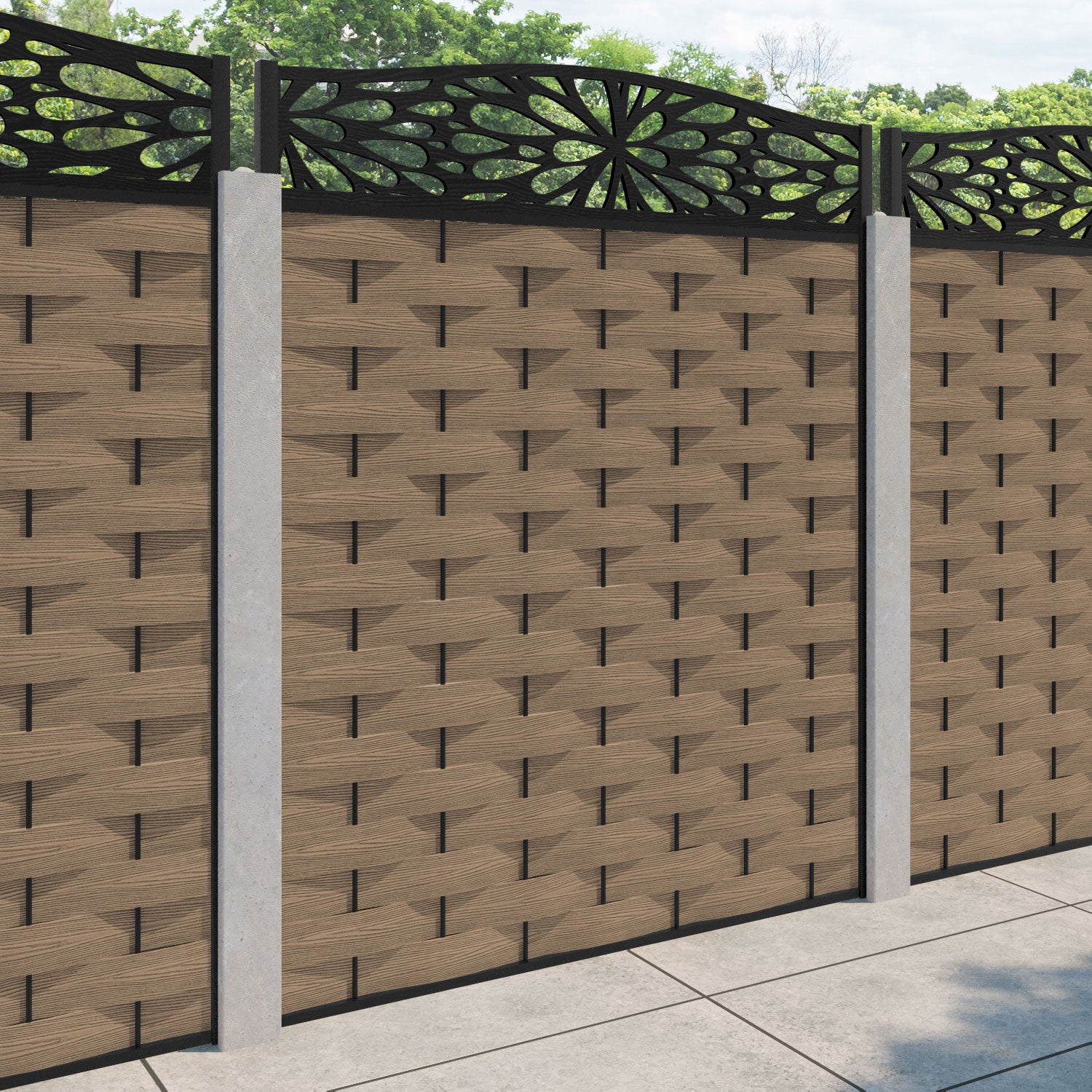 Ripple Blossom Curved Top Fence Panel - Teak - for existing concrete posts