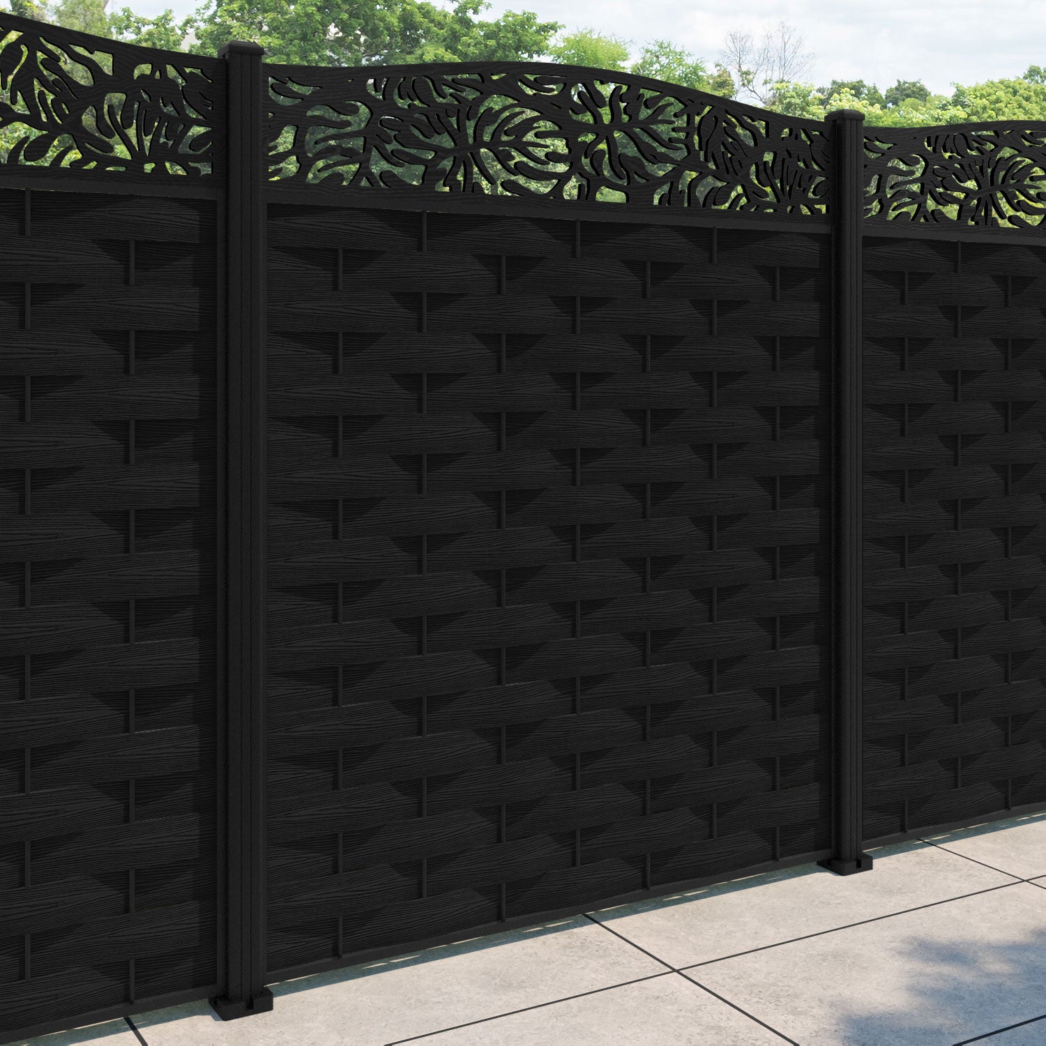 Ripple Botanic Curved Top Fence Panel - Black - with our aluminium posts