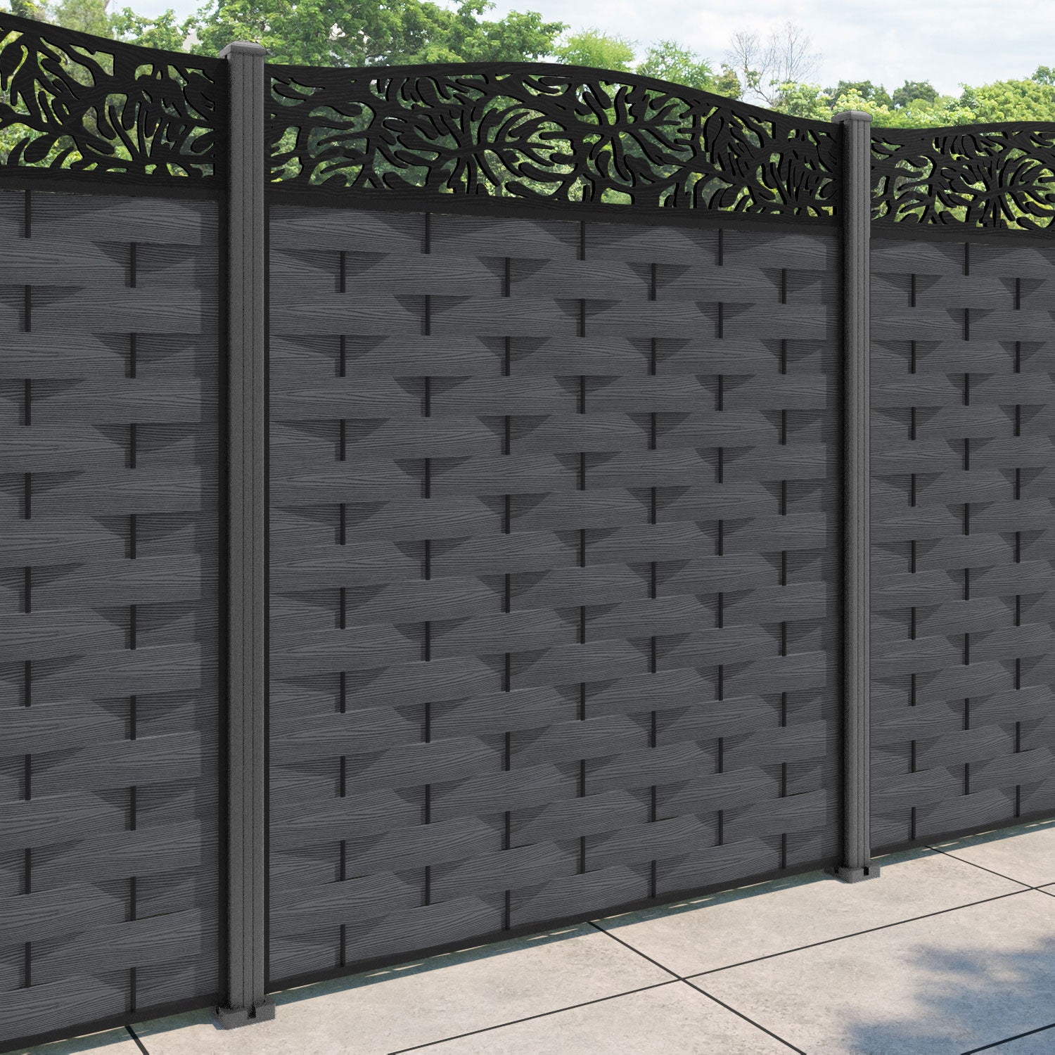 Ripple Botanic Curved Top Fence Panel - Dark Grey - with our aluminium posts