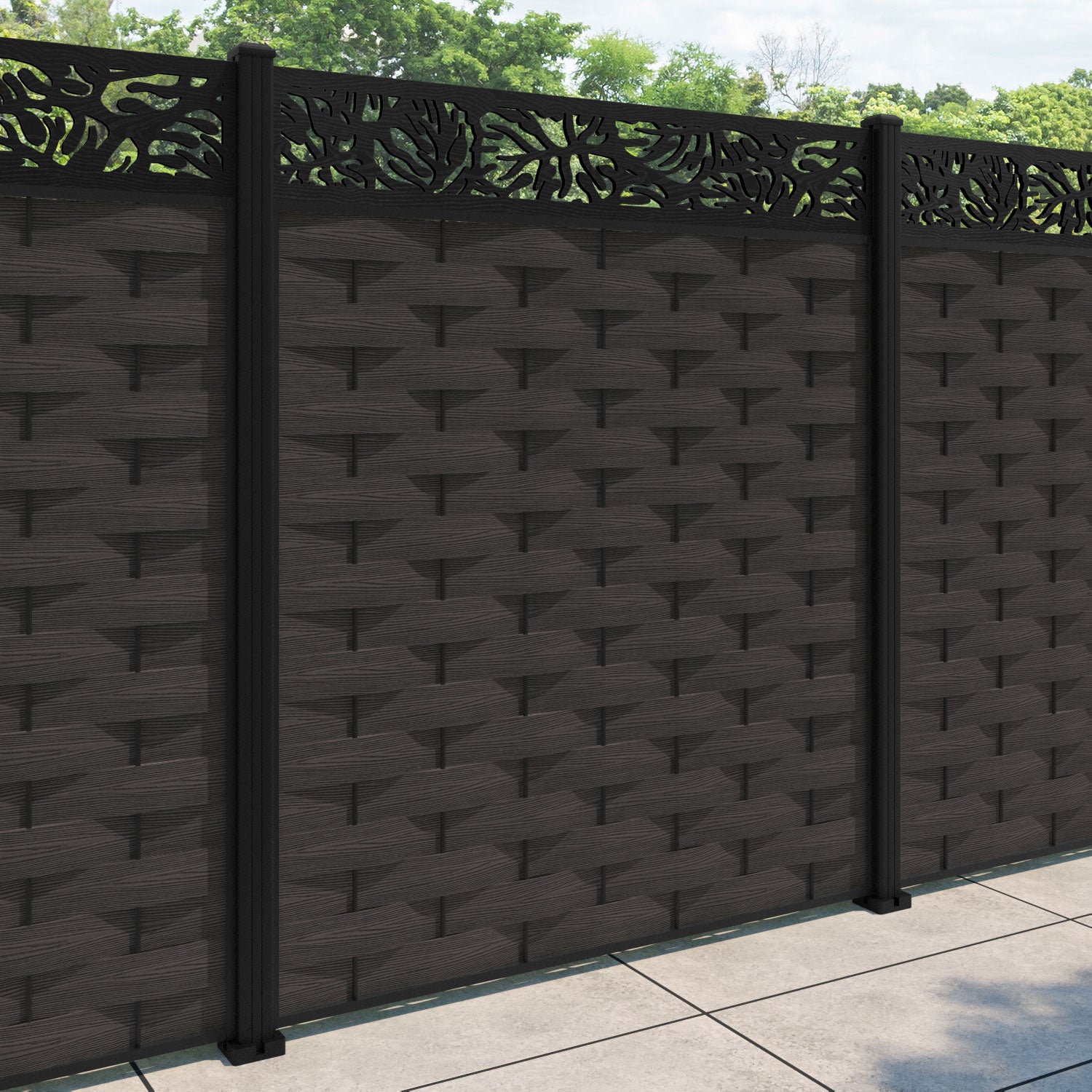 Ripple Botanic Fence Panel - Dark Oak - with our aluminium posts