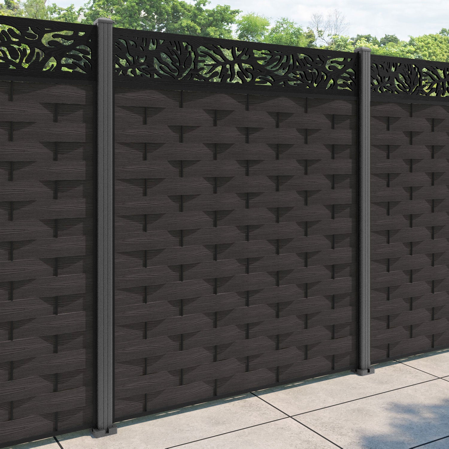 Ripple Botanic Fence Panel - Dark Oak - with our aluminium posts