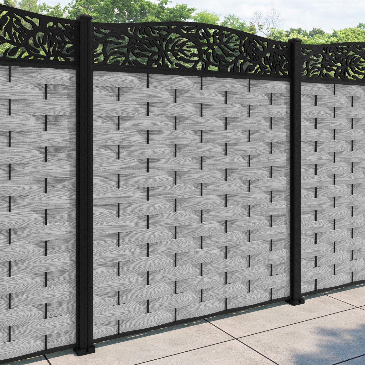 Ripple Botanic Curved Top Fence Panel - Light Grey - with our aluminium posts