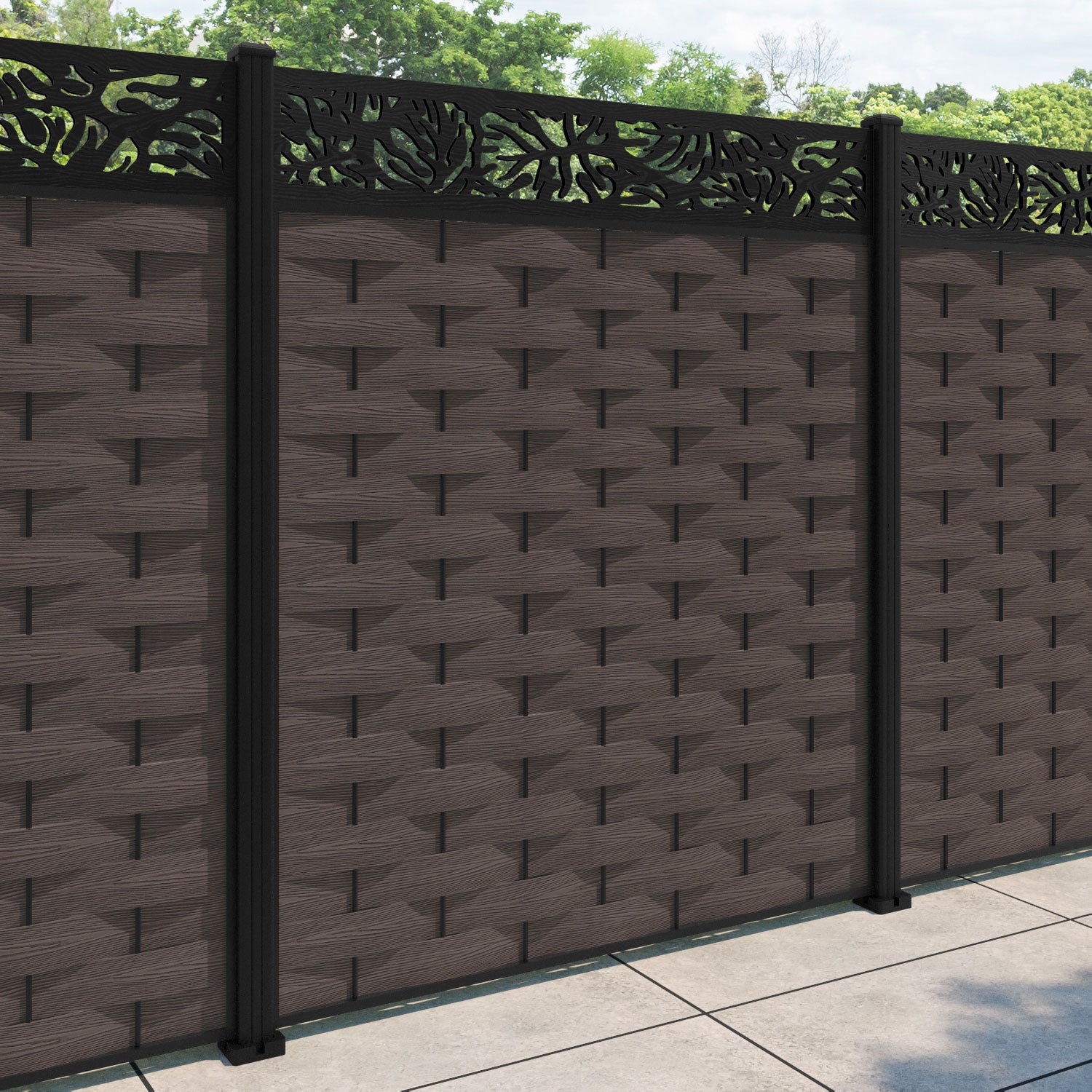 Ripple Botanic Fence Panel - Mid Brown - with our aluminium posts