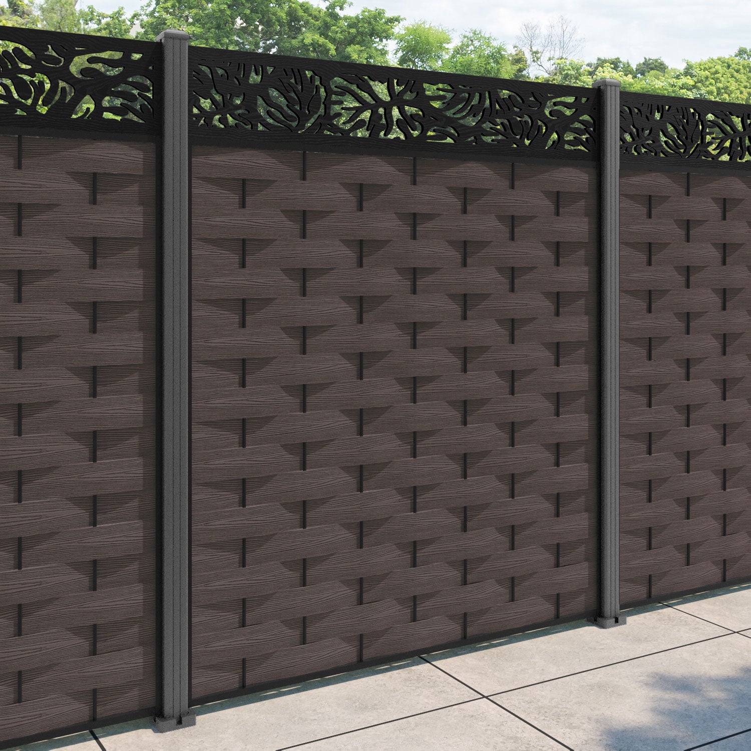 Ripple Botanic Fence Panel - Mid Brown - with our aluminium posts