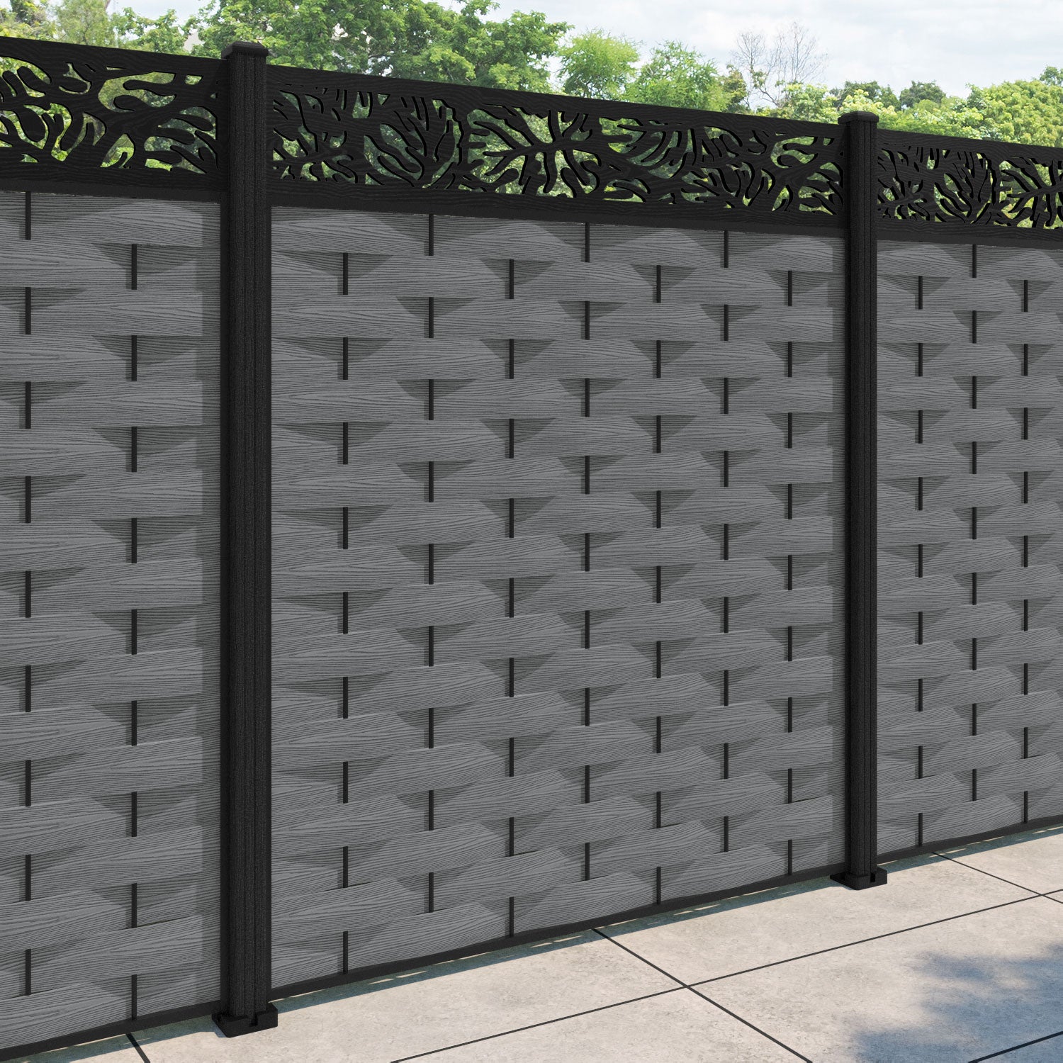 Ripple Botanic Fence Panel - Mid Grey - with our composite posts