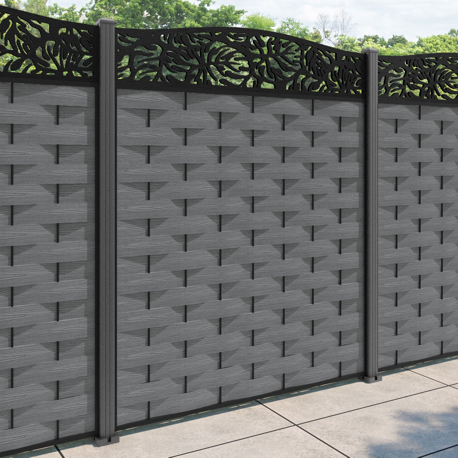Ripple Botanic Curved Top Fence Panel - Mid Grey - with our aluminium posts