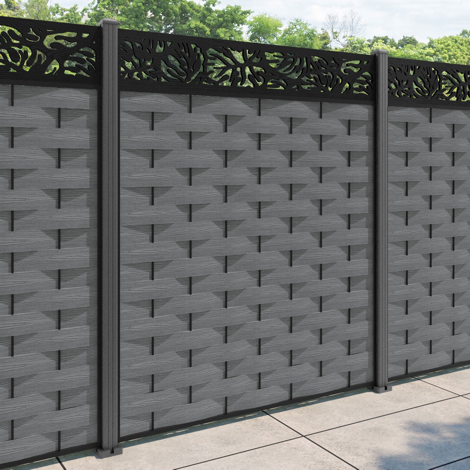 Ripple Botanic Fence Panel - Mid Grey - with our aluminium posts