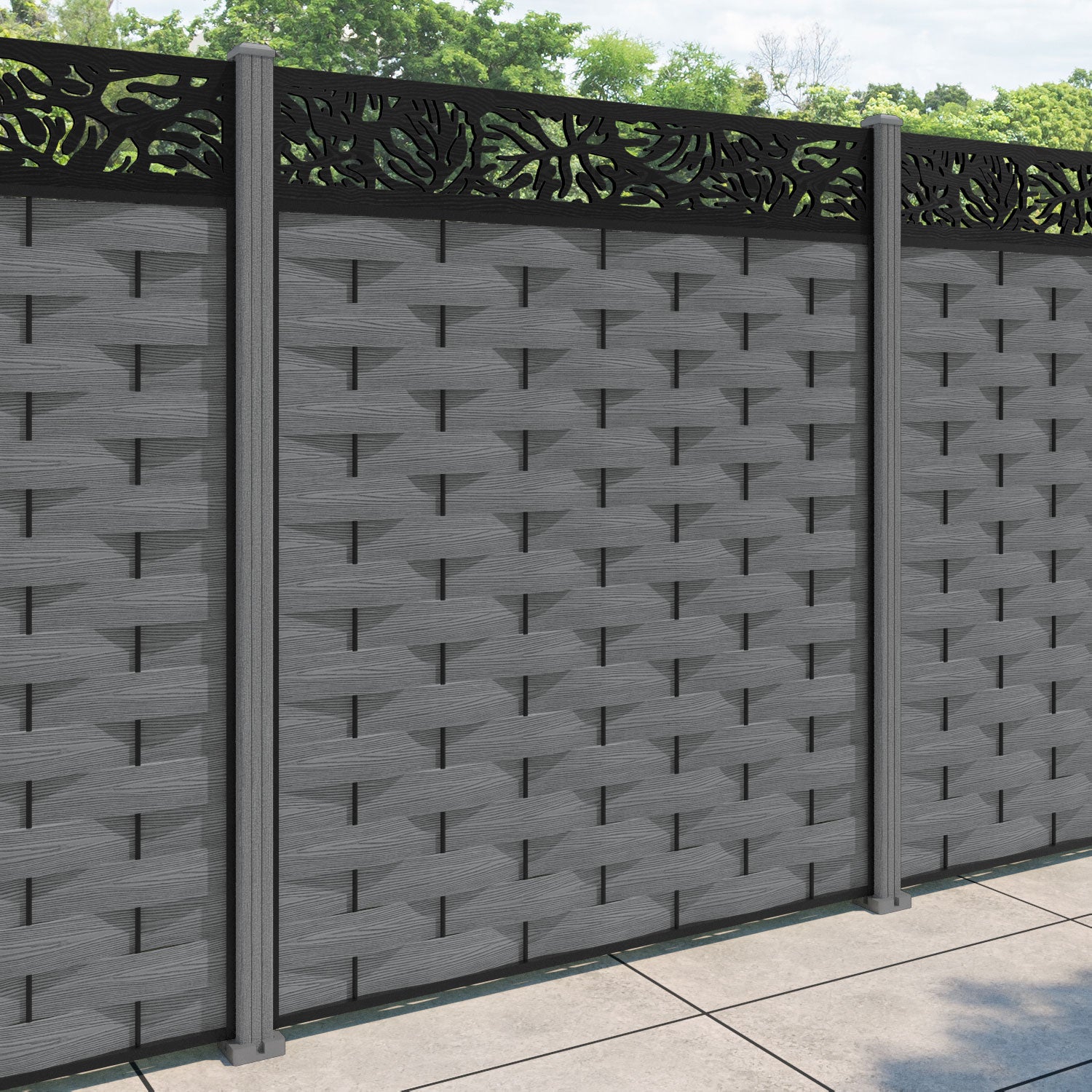 Ripple Botanic Fence Panel - Mid Grey - with our composite posts