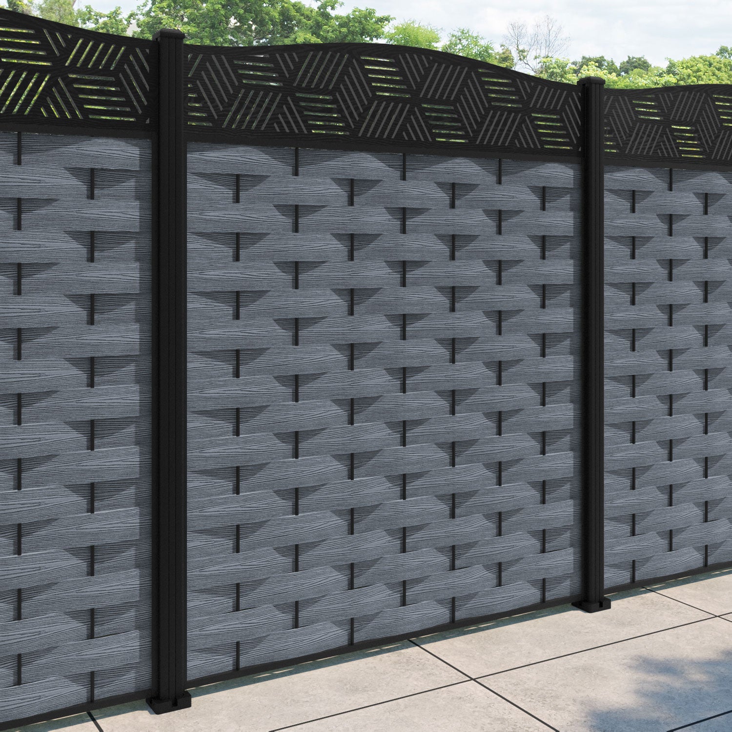 Ripple Cubed Curved Top Fence Panel - Anthracite - with our aluminium posts