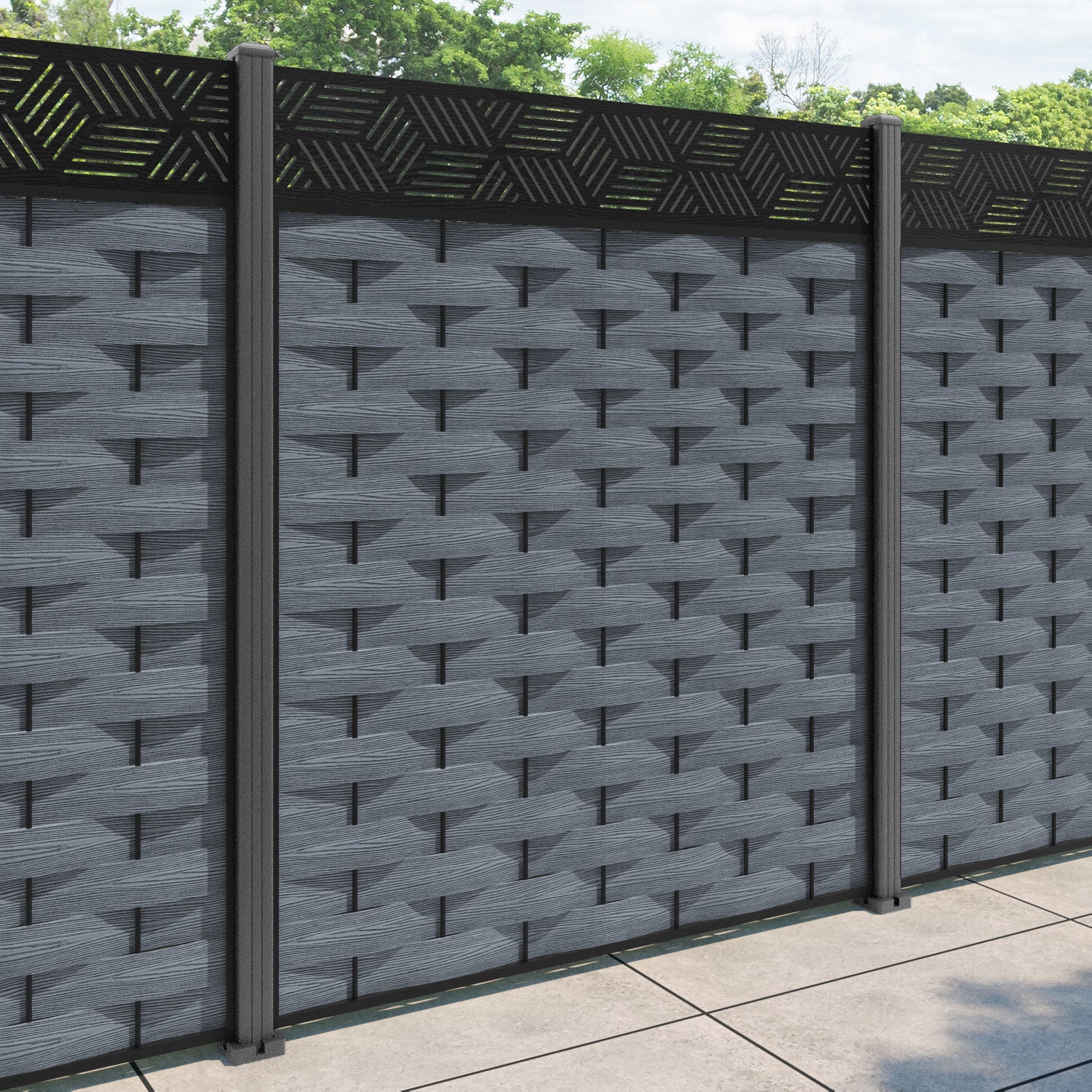 Ripple Cubed Fence Panel - Anthracite - with our aluminium posts