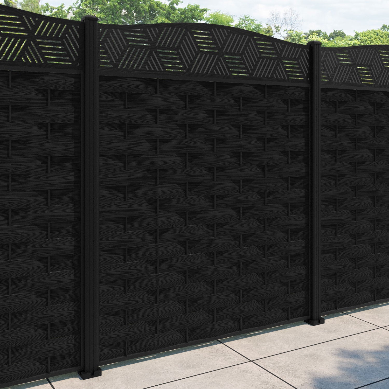 Ripple Cubed Curved Top Fence Panel - Black - with our aluminium posts