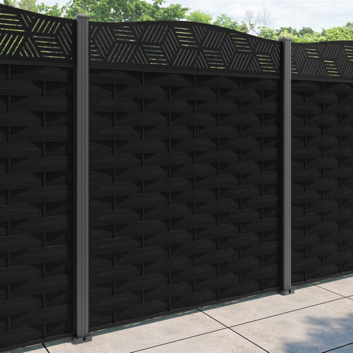 Ripple Cubed Curved Top Fence Panel - Black - with our aluminium posts