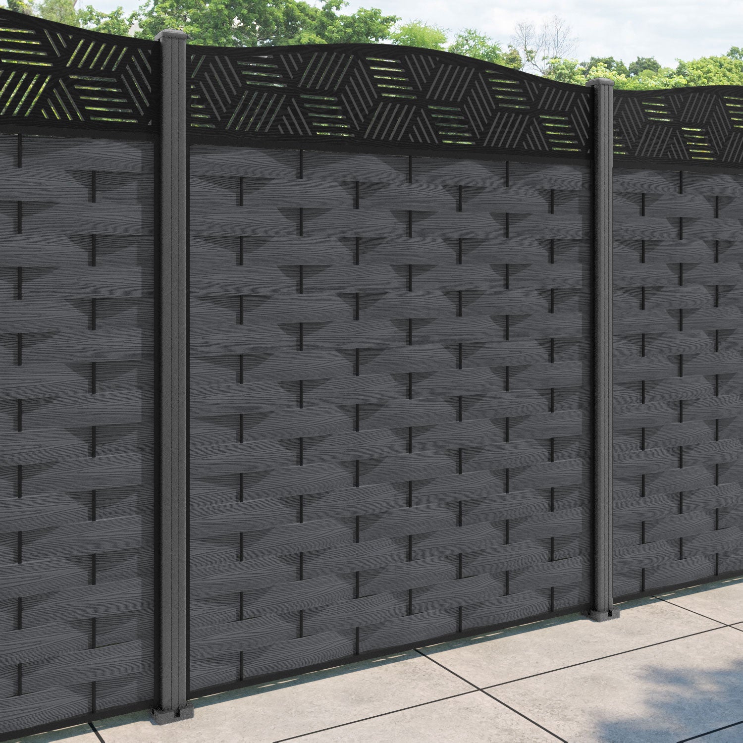 Ripple Cubed Curved Top Fence Panel - Dark Grey - with our aluminium posts