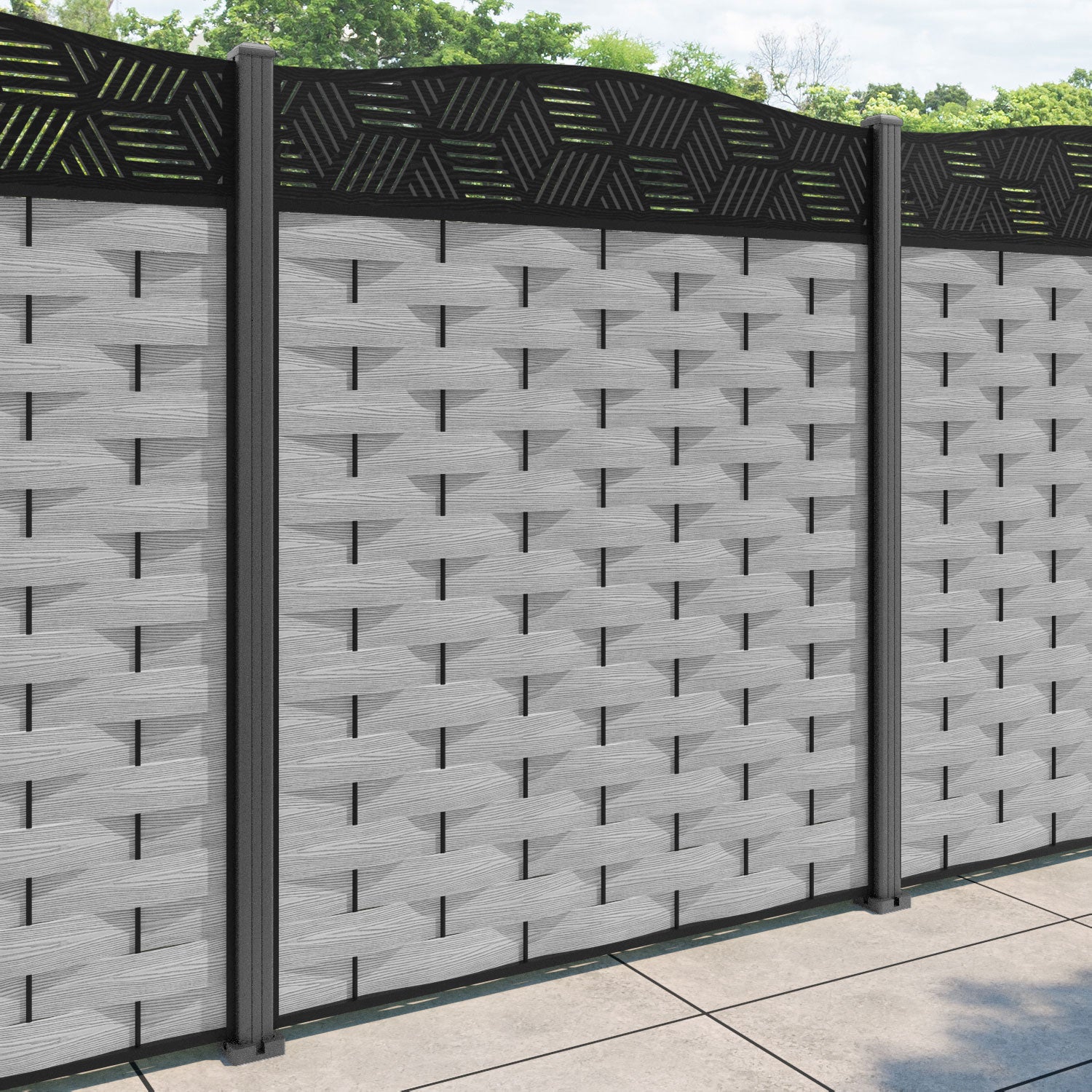 Ripple Cubed Curved Top Fence Panel - Light Grey - with our aluminium posts
