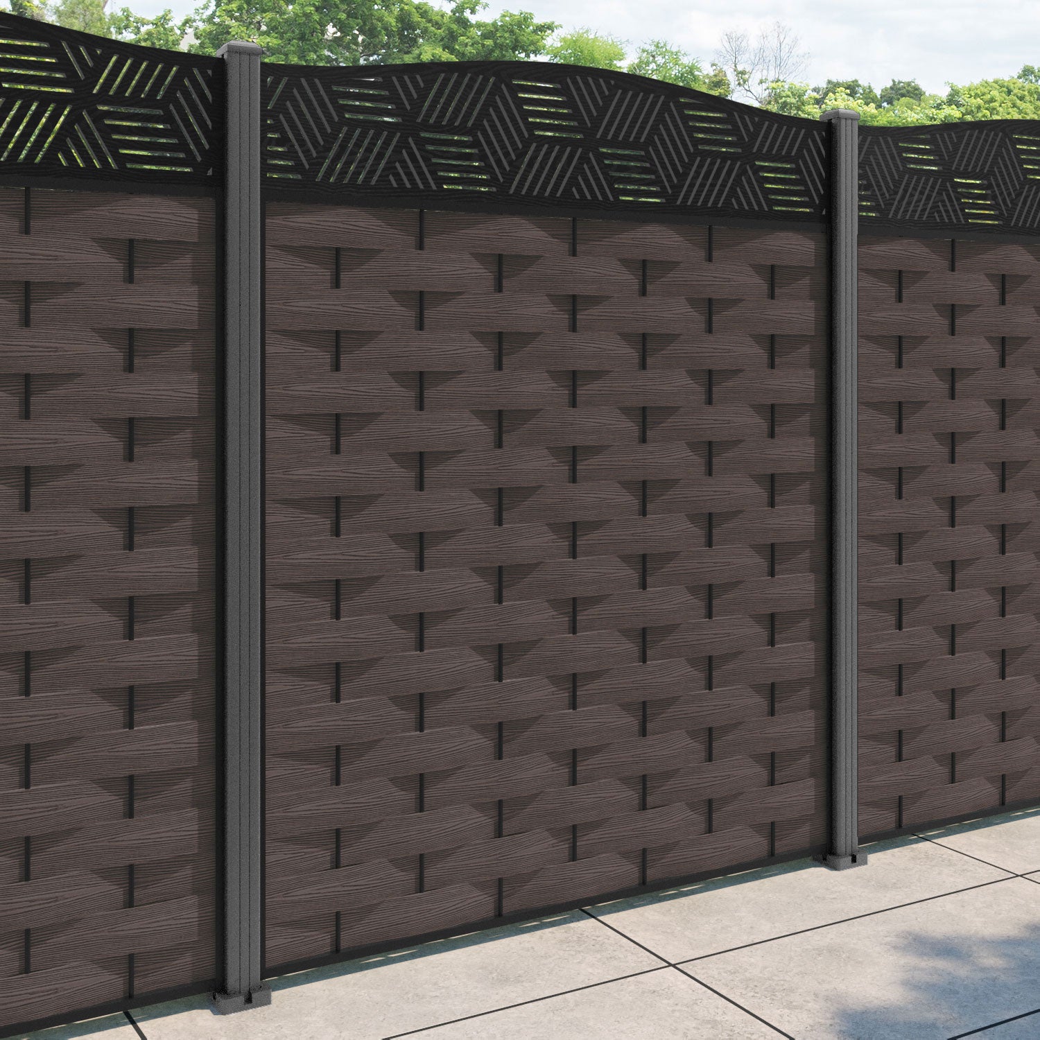 Ripple Cubed Curved Top Fence Panel - Mid Brown - with our aluminium posts