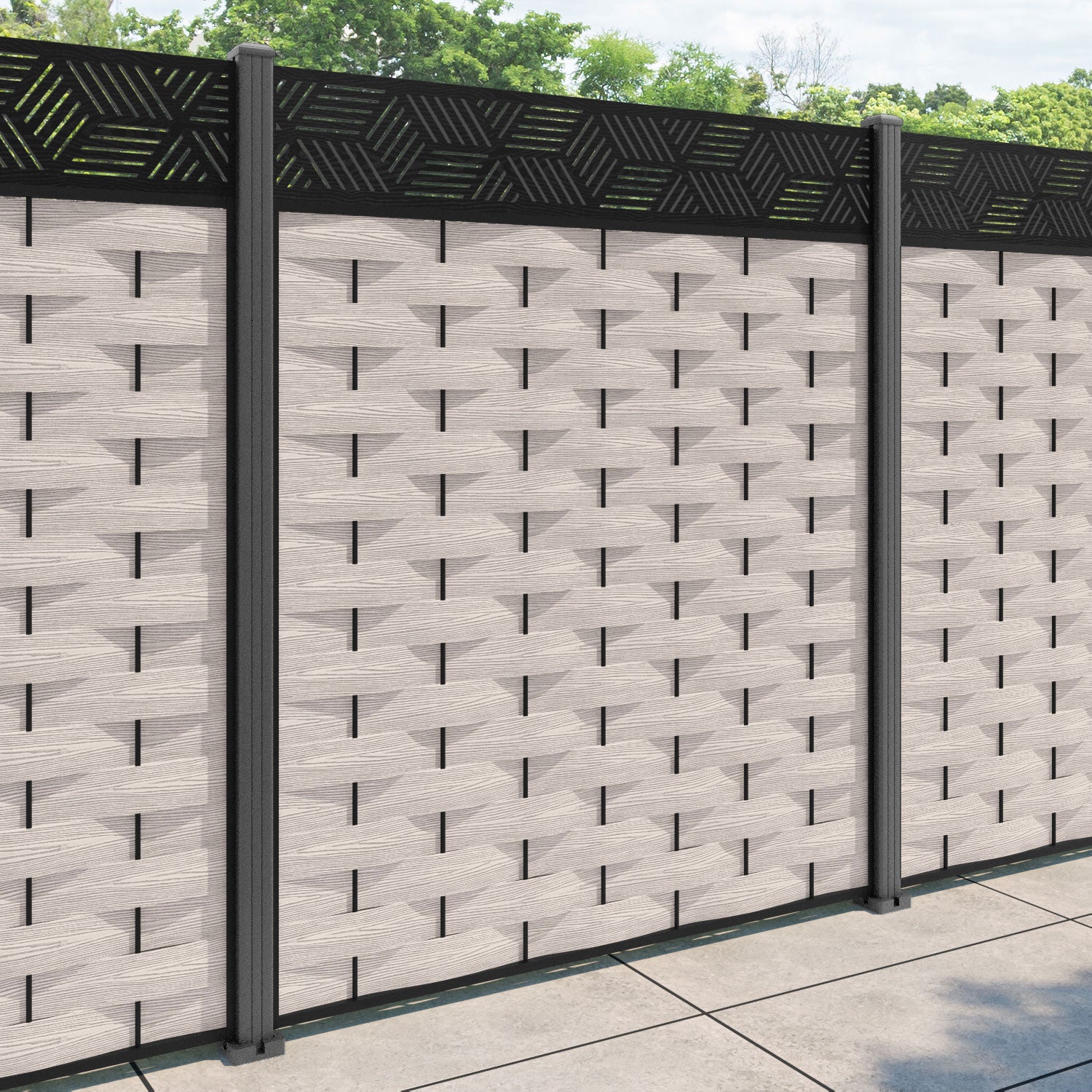 Ripple Cubed Fence Panel - Mid Stone - with our aluminium posts