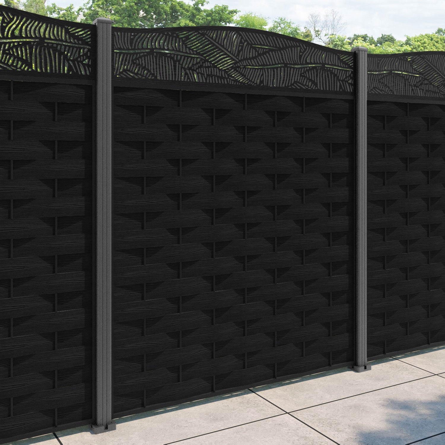 Ripple Feather Curved Top Fence Panel - Black - with our aluminium posts
