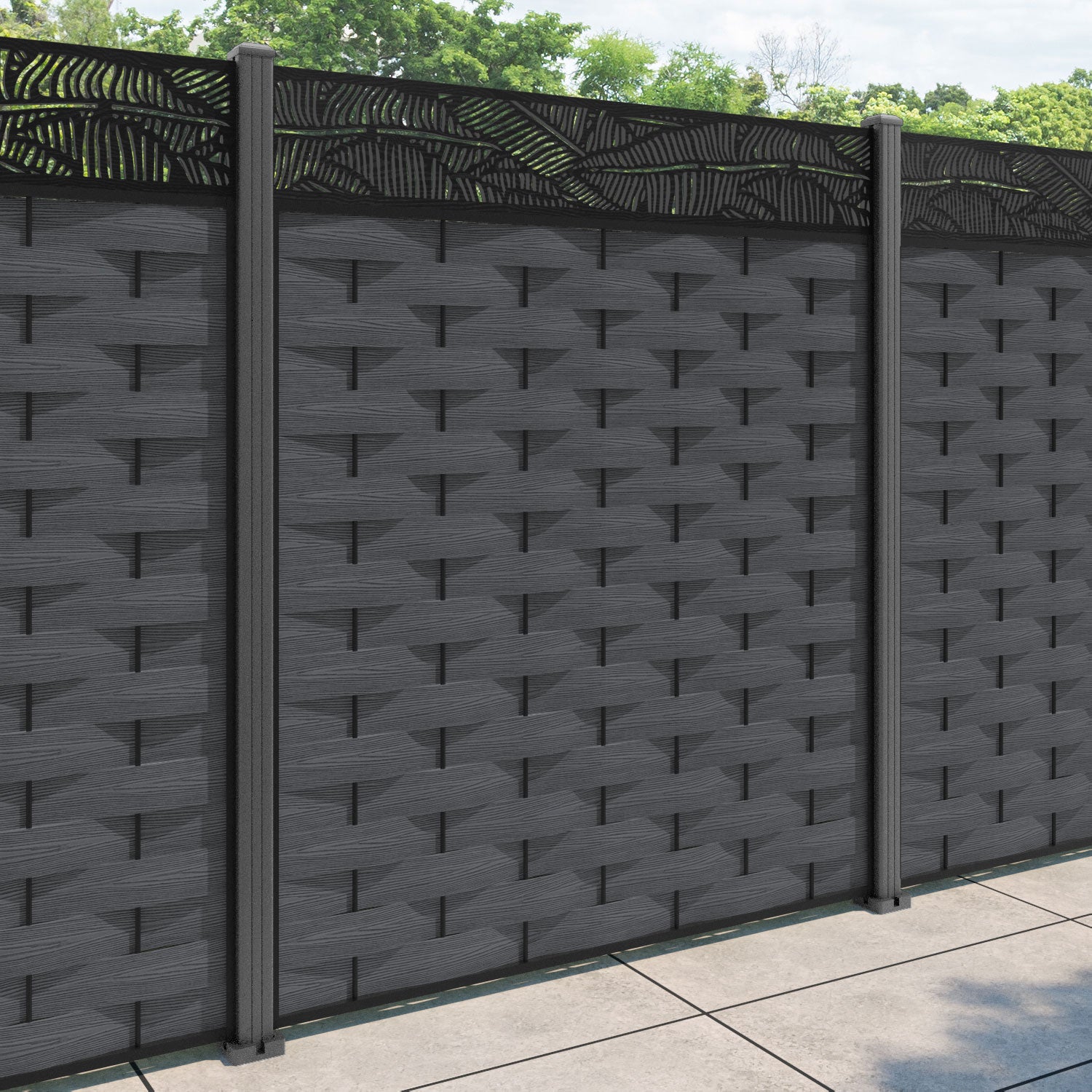 Ripple Feather Fence Panel - Dark Grey - with our aluminium posts
