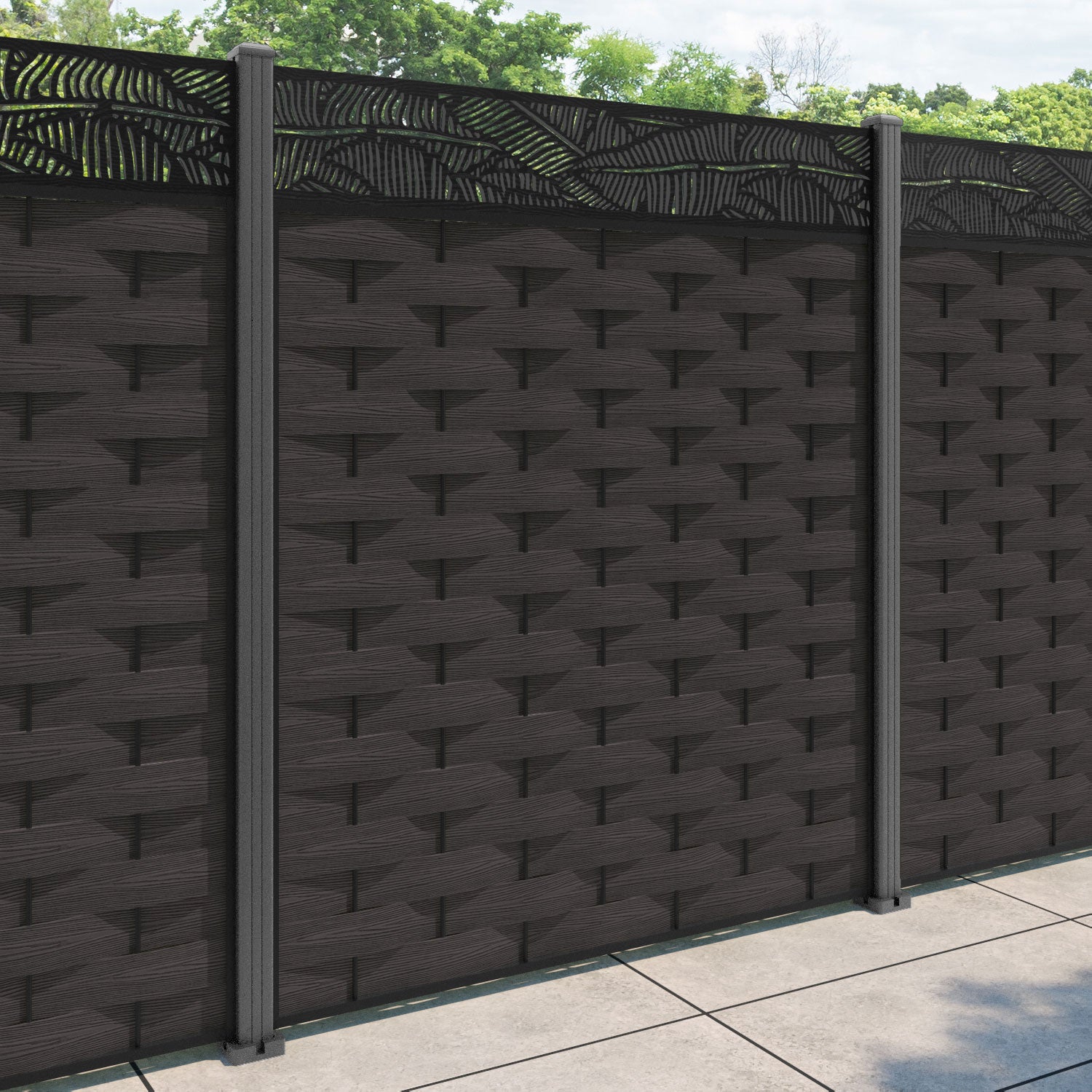 Ripple Feather Fence Panel - Dark Oak - with our aluminium posts