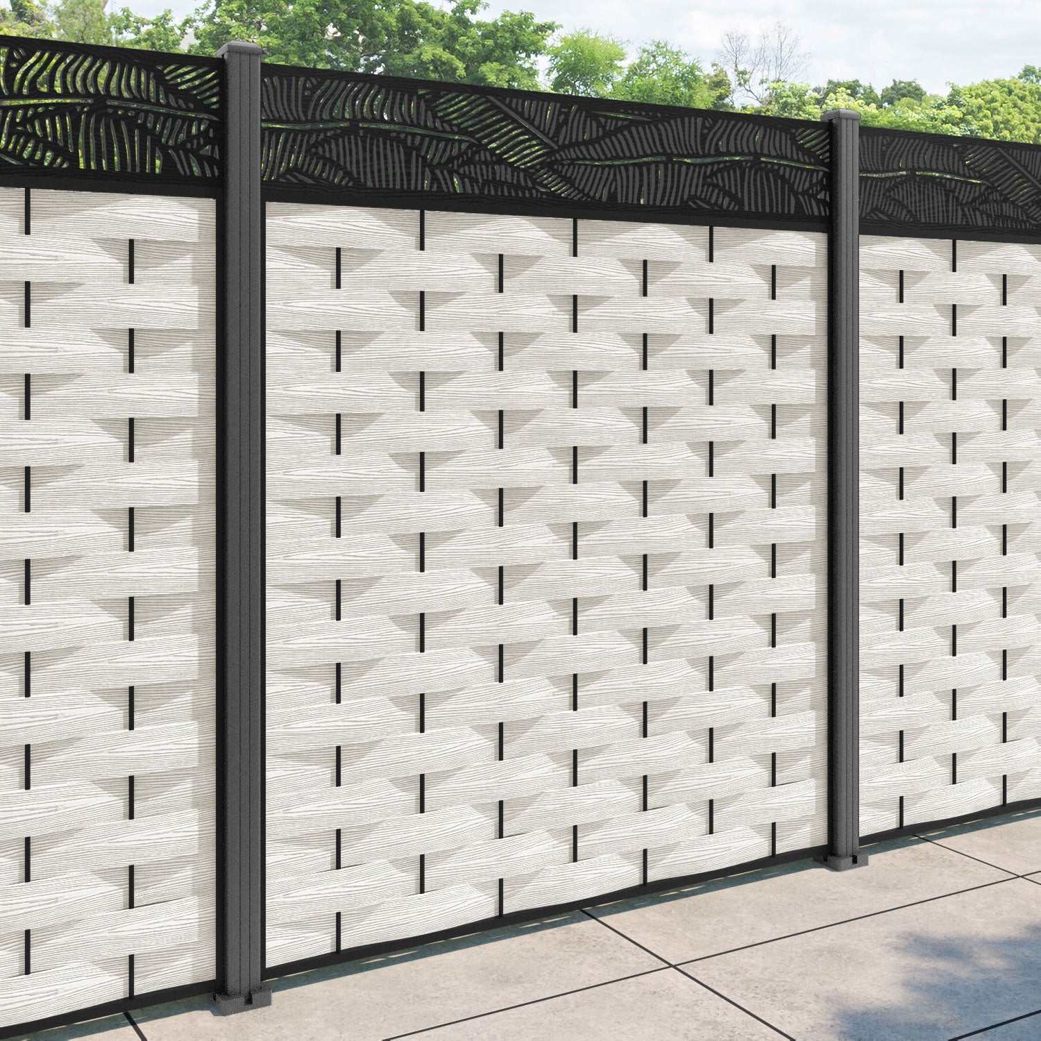 Ripple Feather Fence Panel - Light Stone - with our aluminium posts