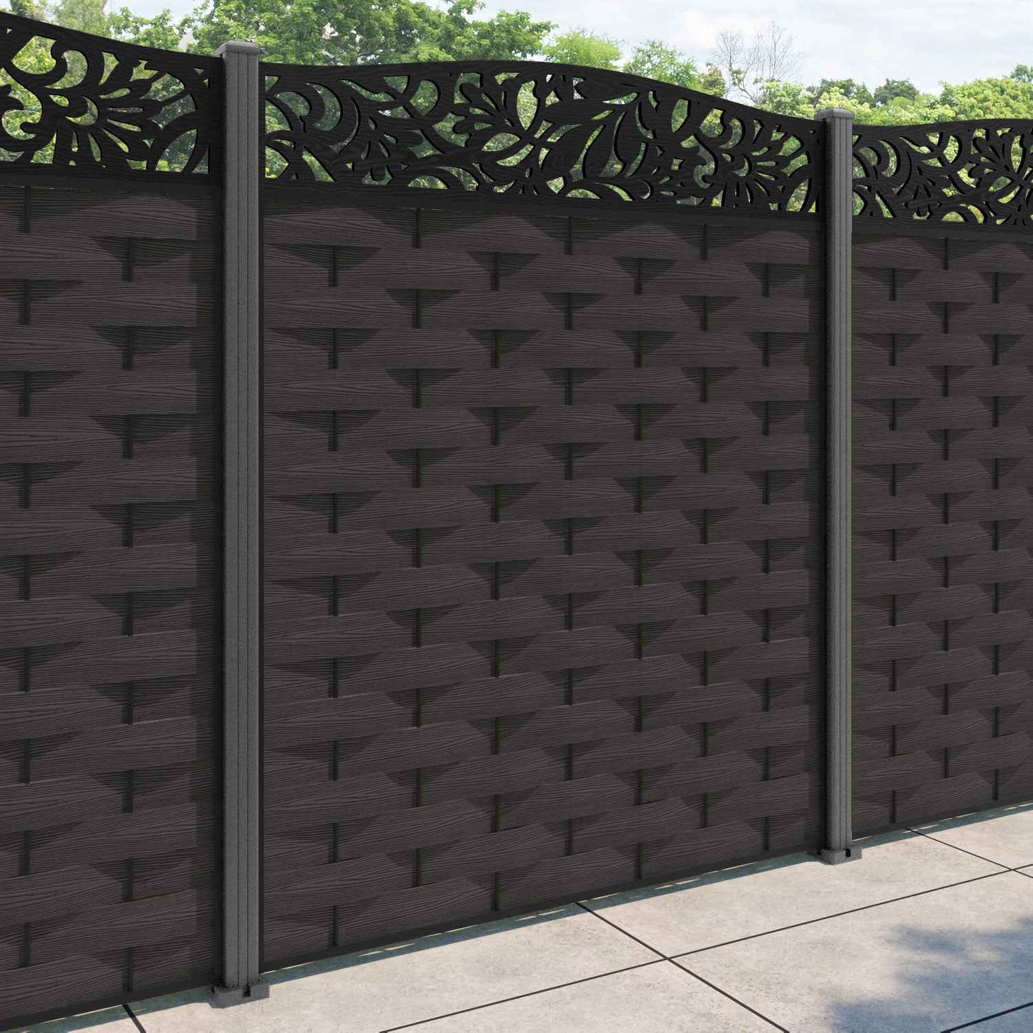 Ripple Heritage Curved Top Fence Panel - Dark Oak - with our aluminium posts