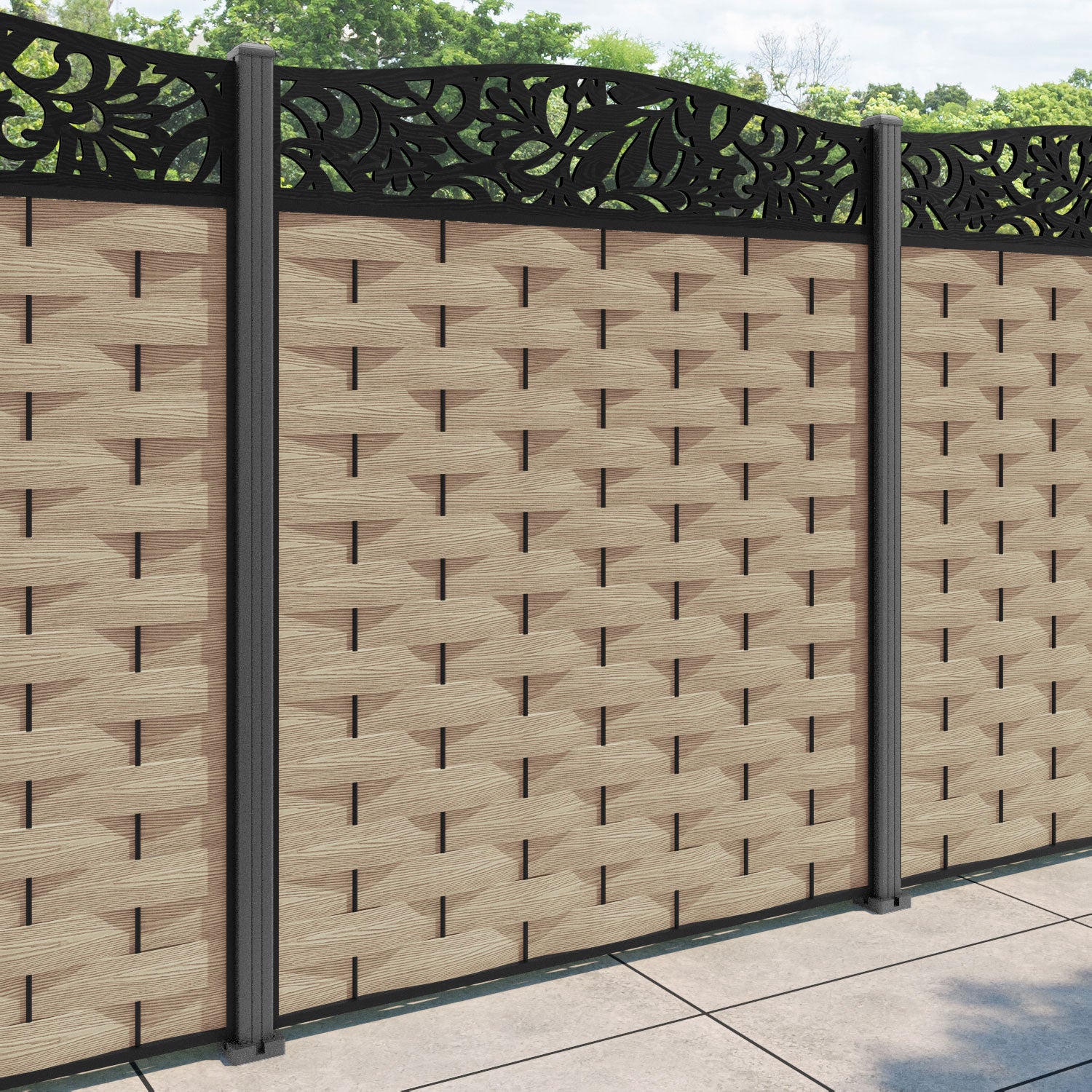 Ripple Heritage Curved Top Fence Panel - Light Oak - with our aluminium posts