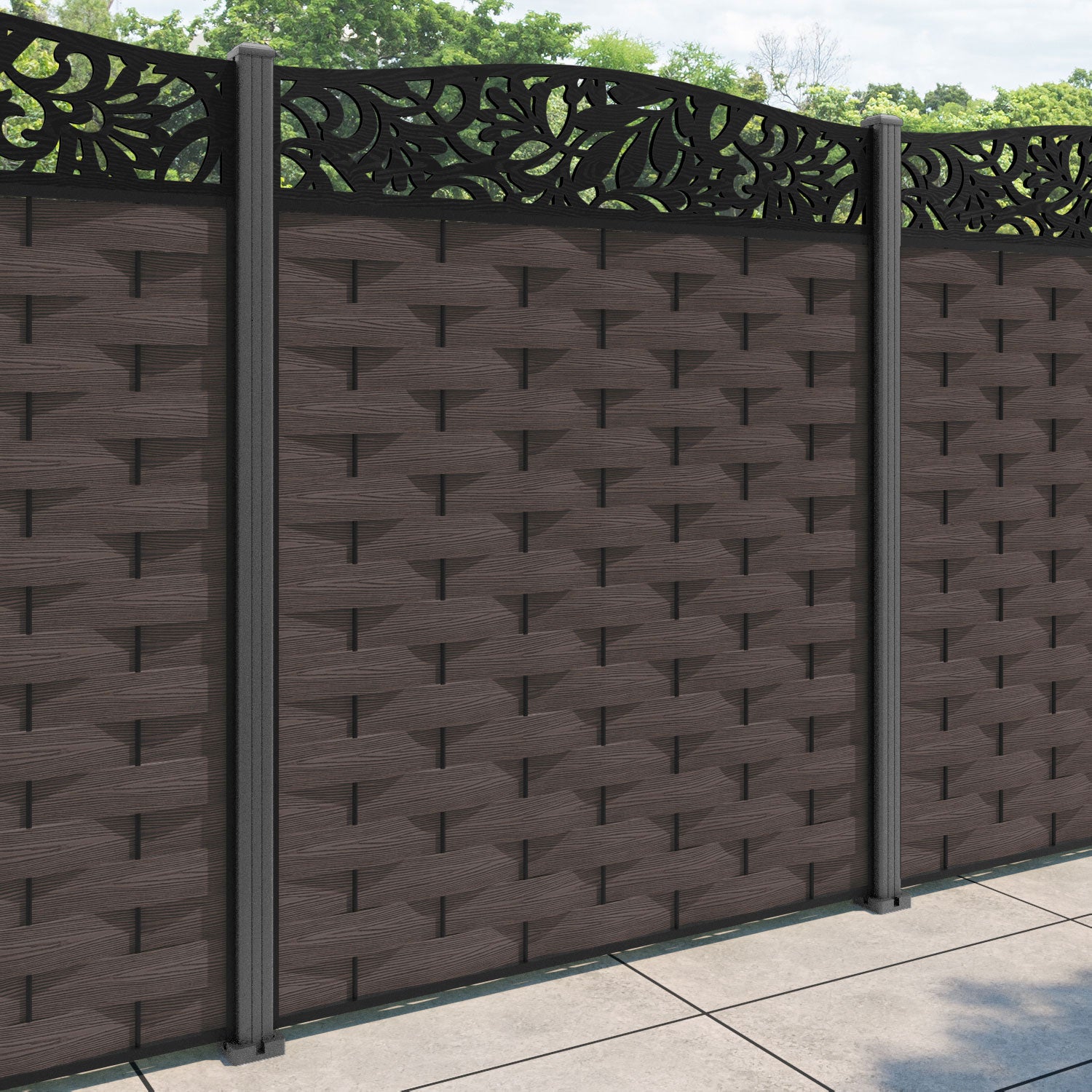 Ripple Heritage Curved Top Fence Panel - Mid Brown - with our aluminium posts