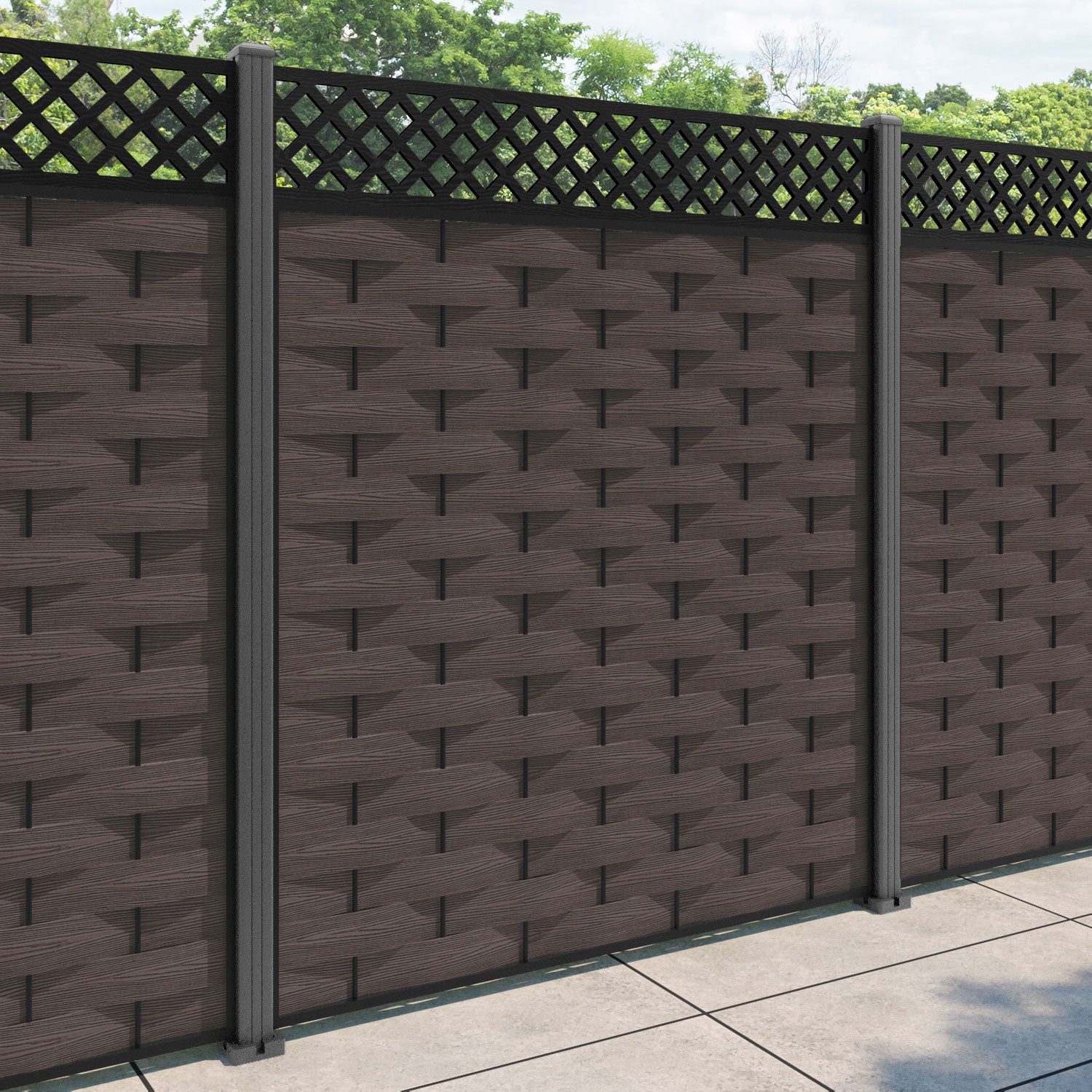 Ripple Hive Fence Panel - Mid Brown - with our aluminium posts