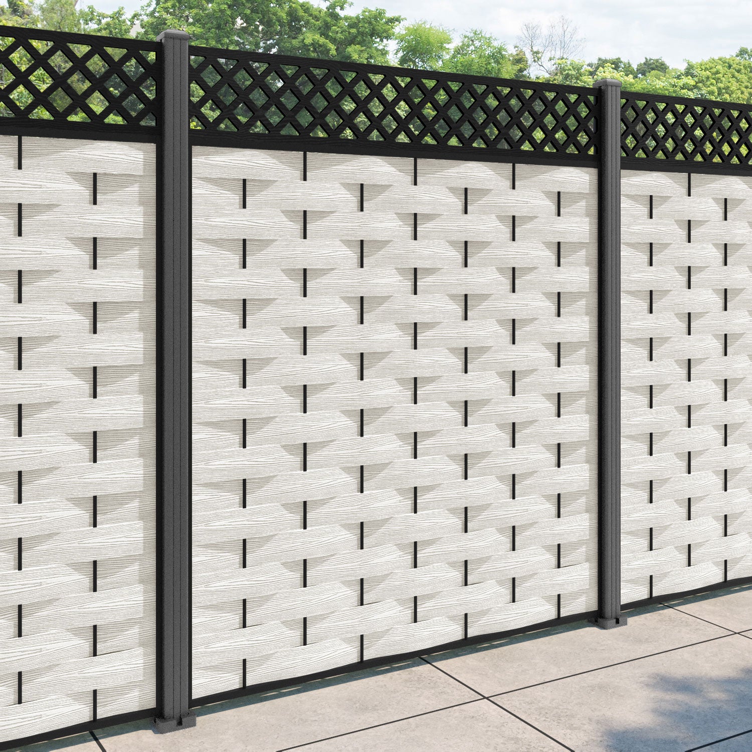Ripple Hive Fence Panel - Light Stone - with our aluminium posts