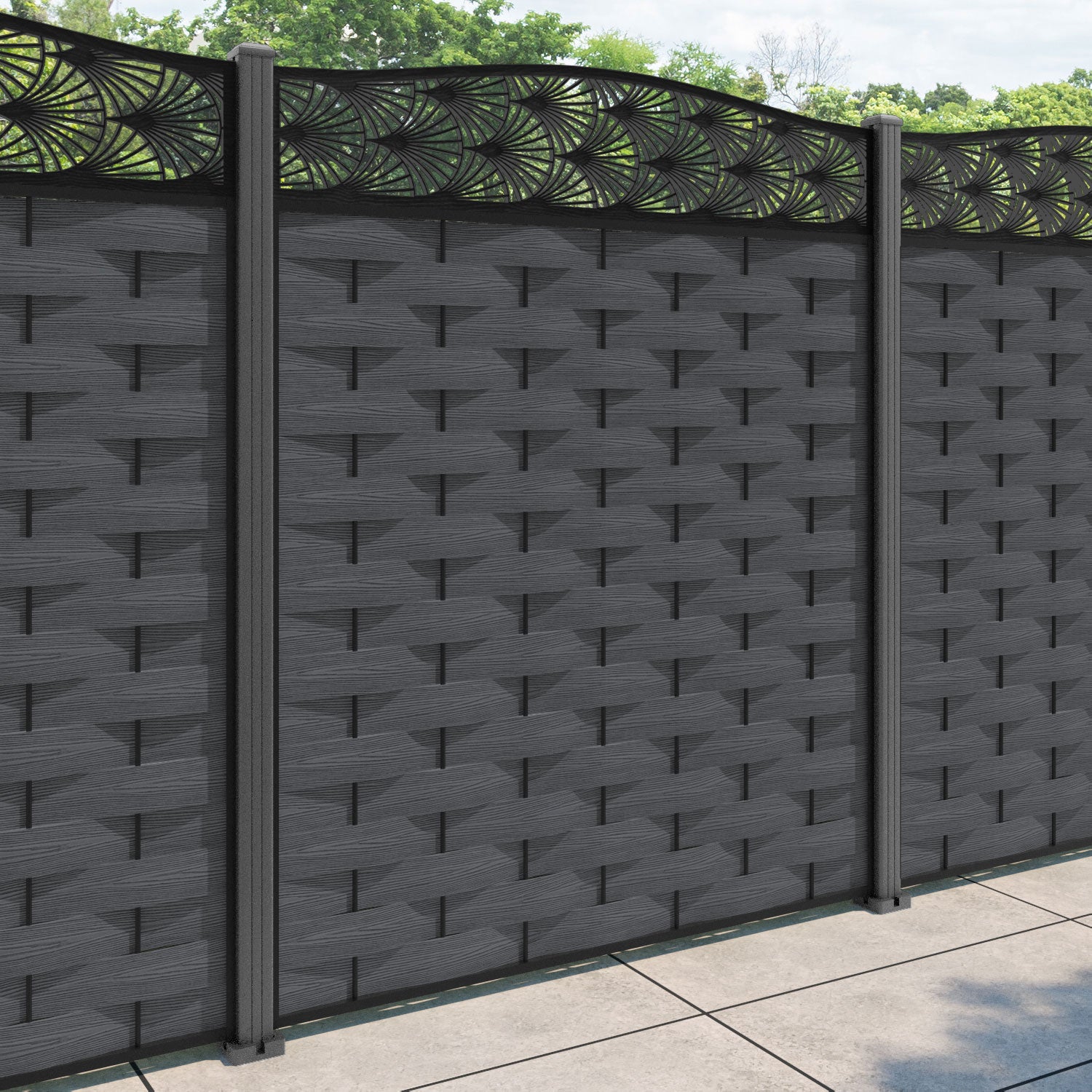 Ripple Laurel Curved Top Fence Panel - Dark Grey - with our aluminium posts