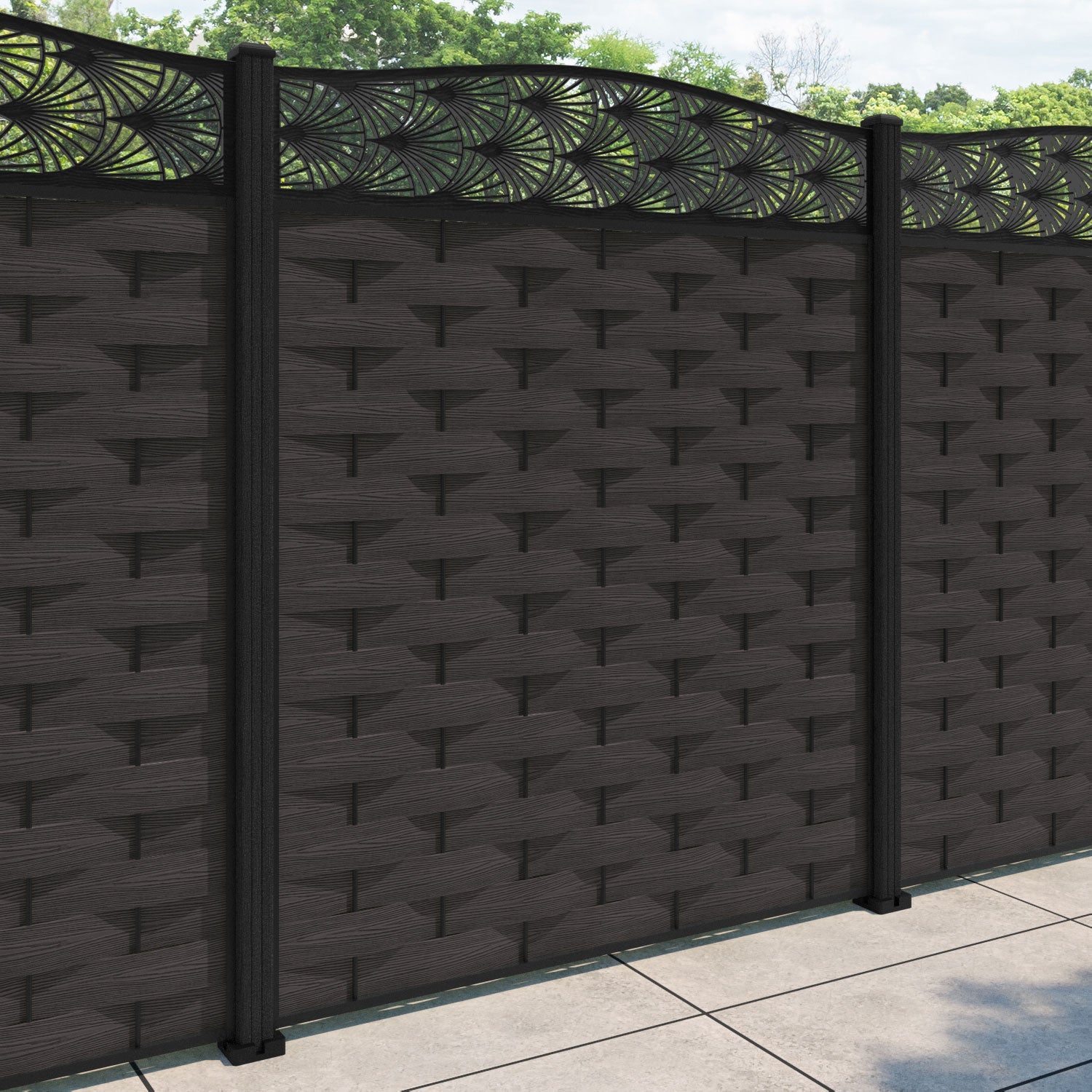 Ripple Laurel Curved Top Fence Panel - Dark Oak - with our composite posts