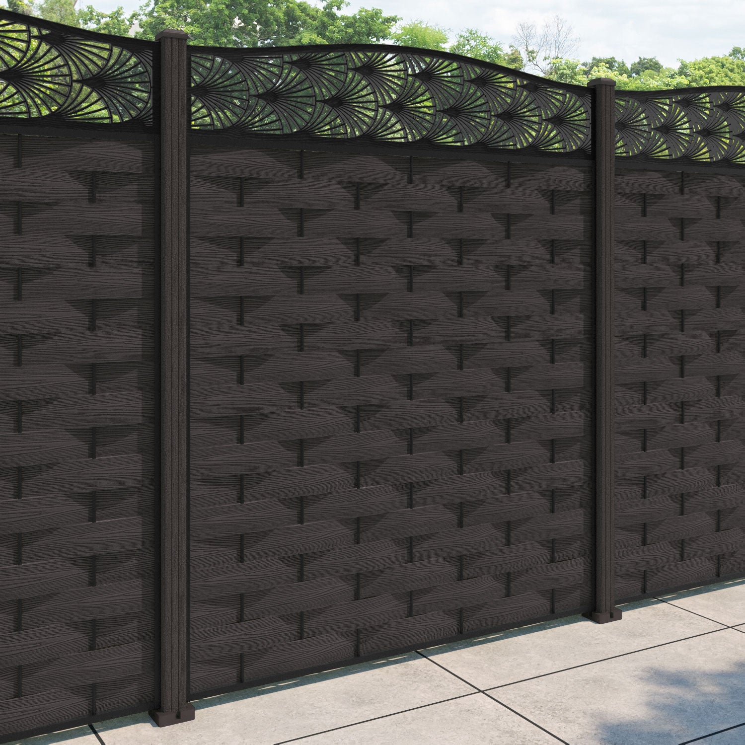 Ripple Laurel Curved Top Fence Panel - Dark Oak - with our composite posts