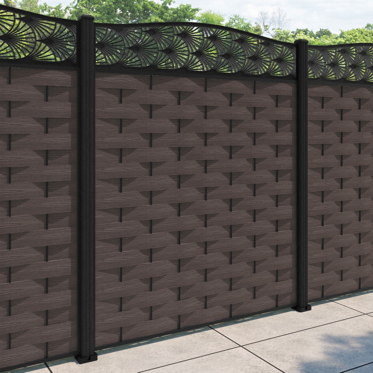 Ripple Laurel Curved Top Fence Panel - Mid Brown - with our composite posts