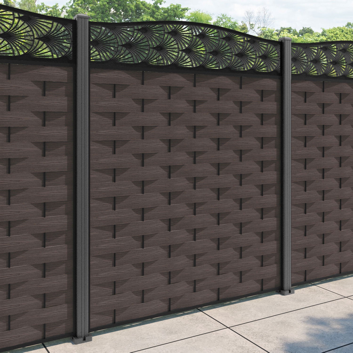 Ripple Laurel Curved Top Fence Panel - Mid Brown - with our aluminium posts