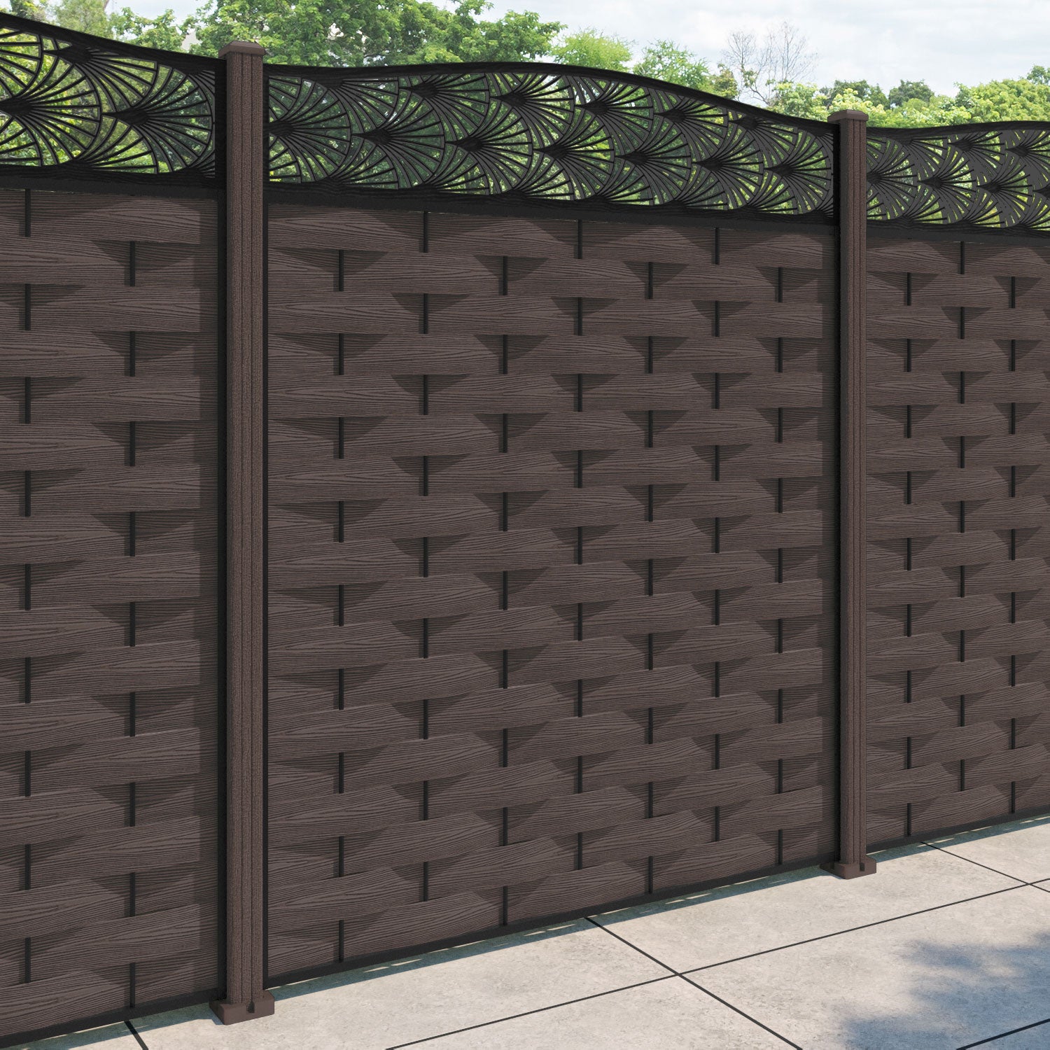 Ripple Laurel Curved Top Fence Panel - Mid Brown - with our composite posts
