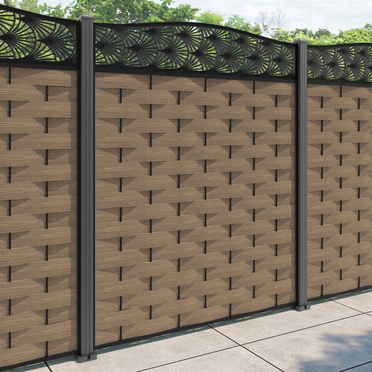 Ripple Laurel Curved Top Fence Panel - Teak - with our aluminium posts