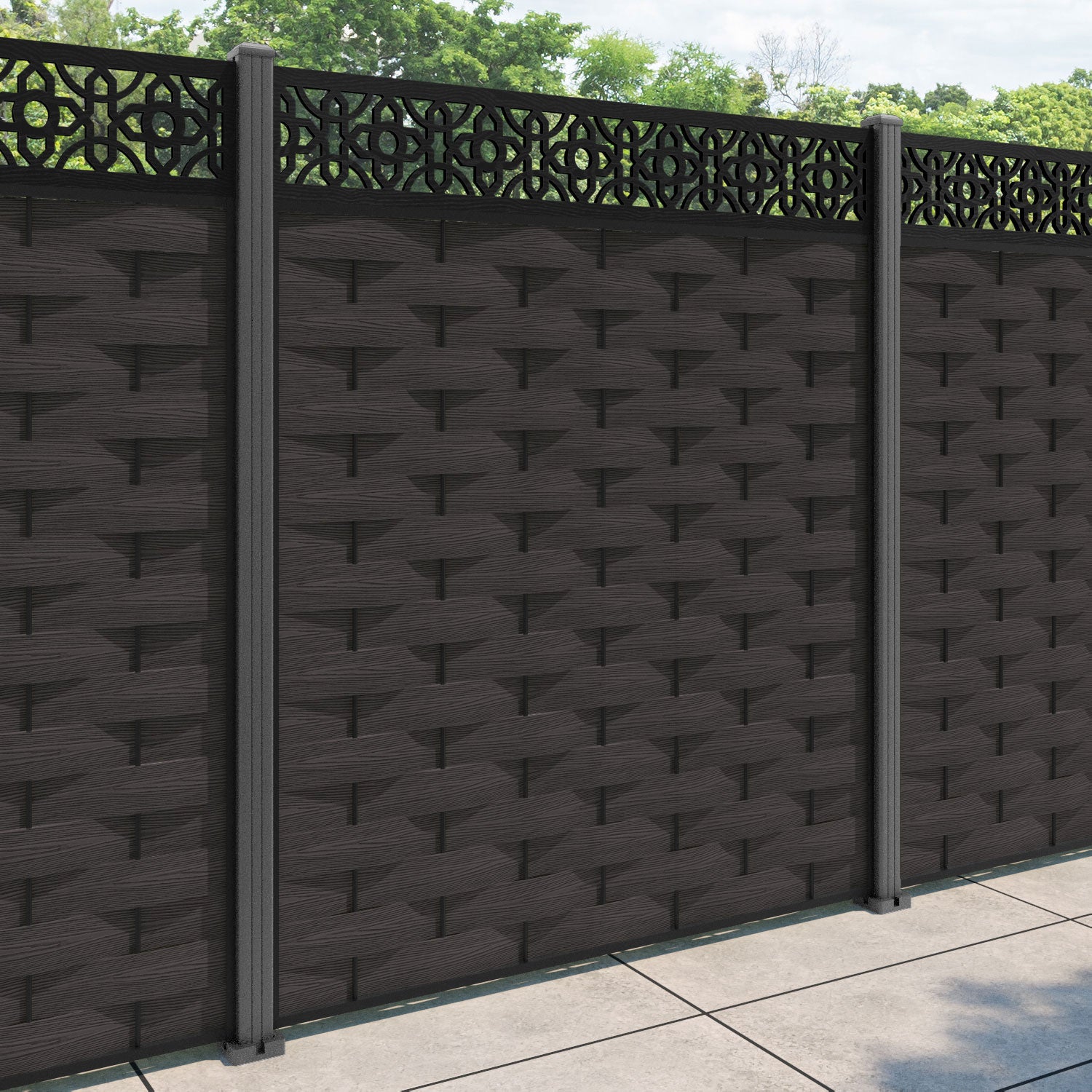 Ripple Nabila Fence Panel - Dark Oak - with our aluminium posts