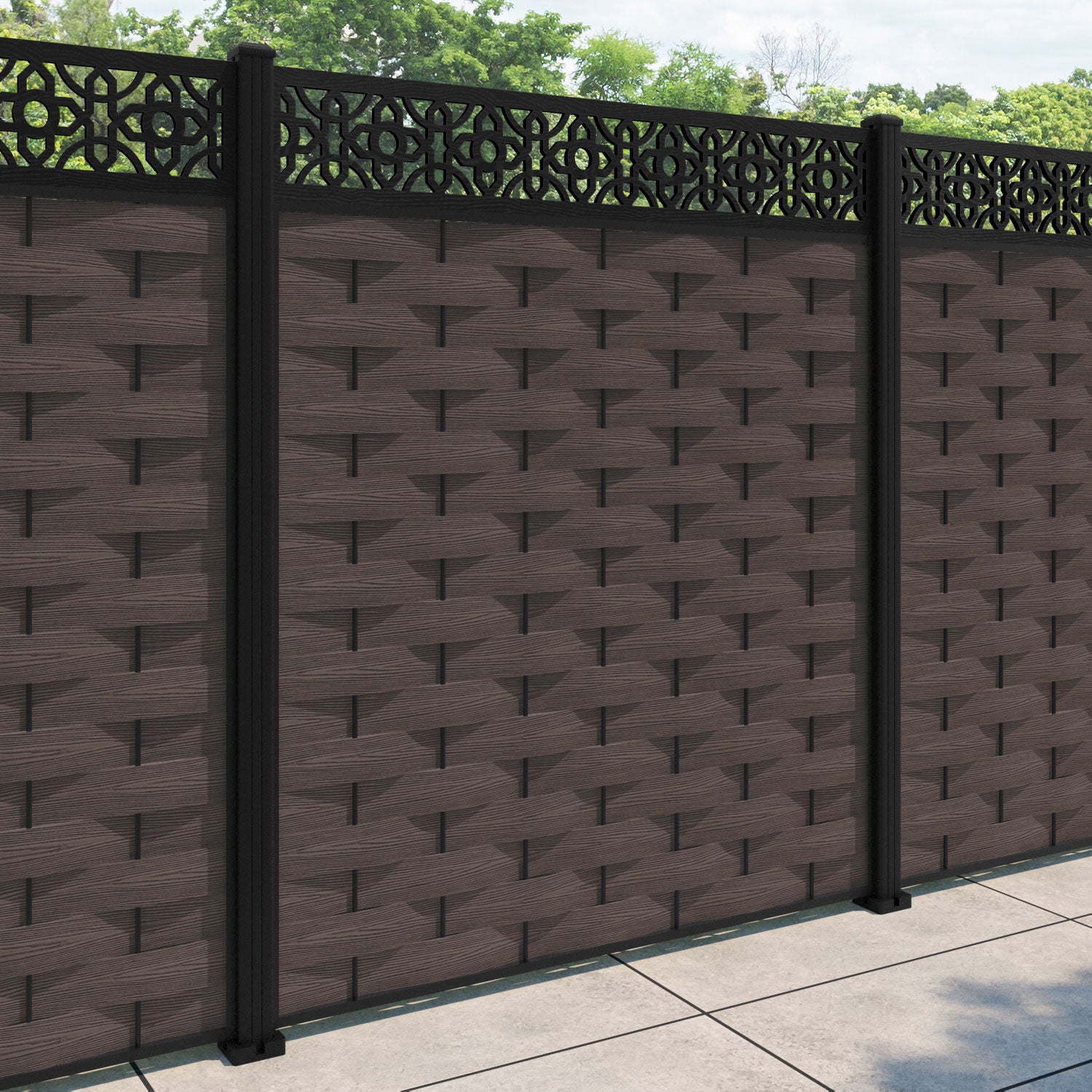 Ripple Nabila Fence Panel - Mid Brown - with our aluminium posts