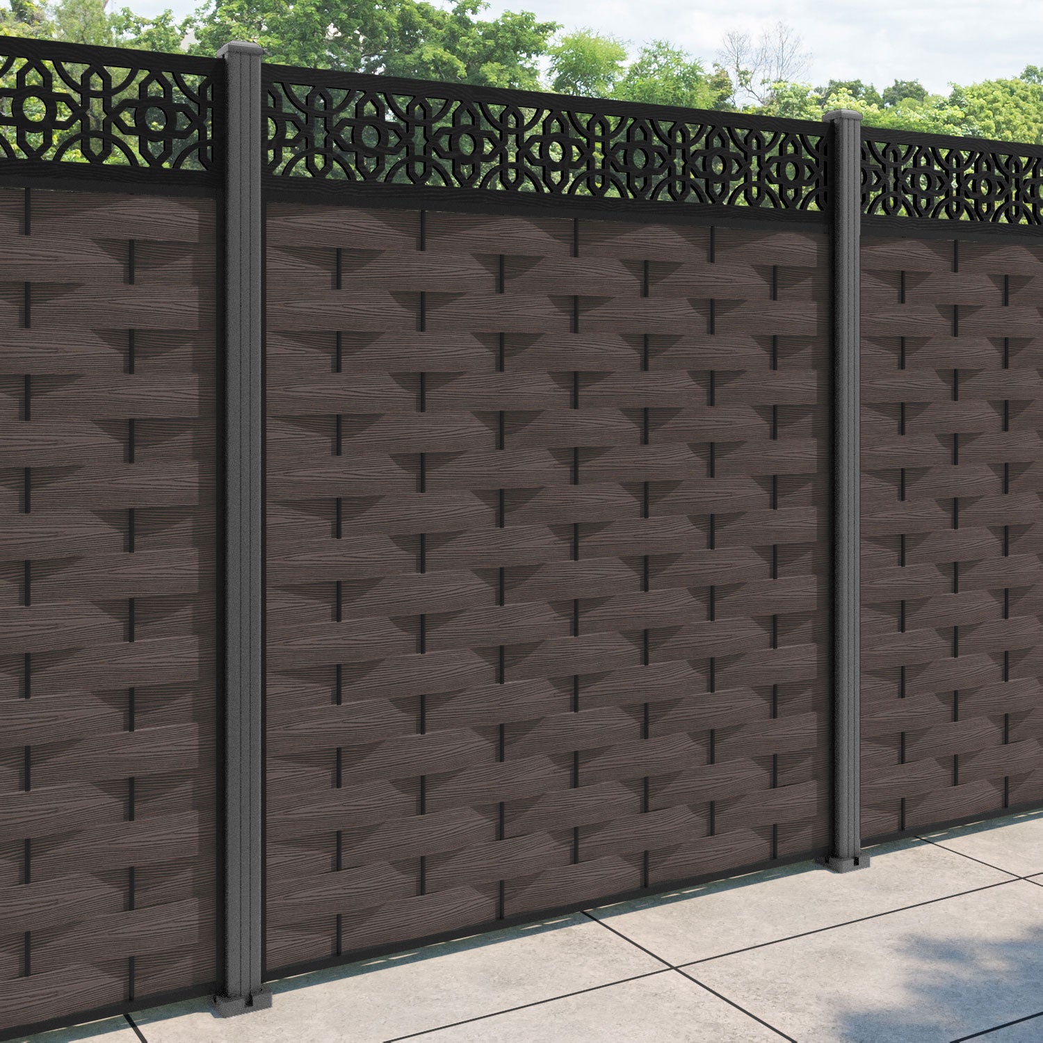 Ripple Nabila Fence Panel - Mid Brown - with our aluminium posts
